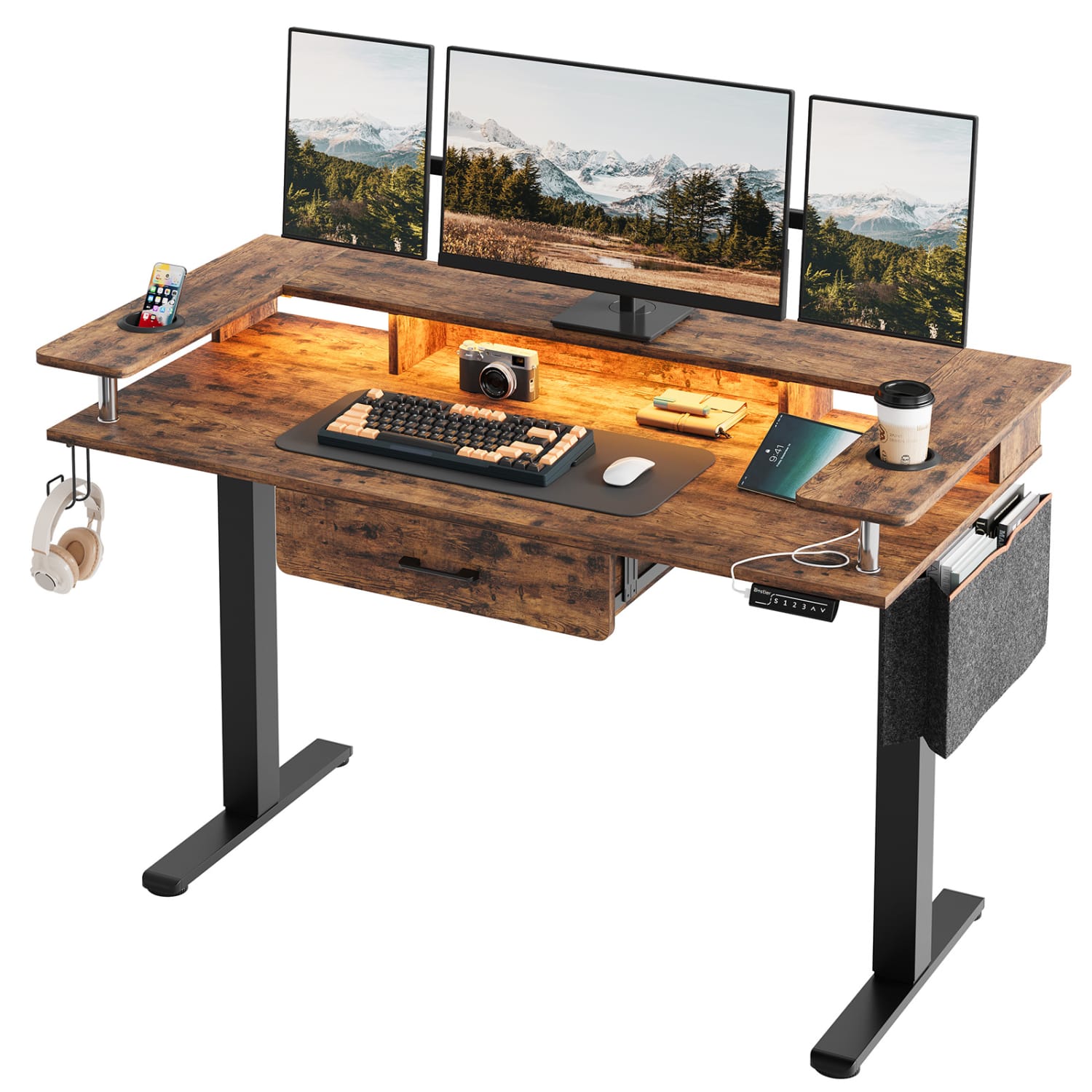 Bestier 59inW Electric Adjustable Height Standing Desk With Monitor Riser, Rustic Brown - Image 3