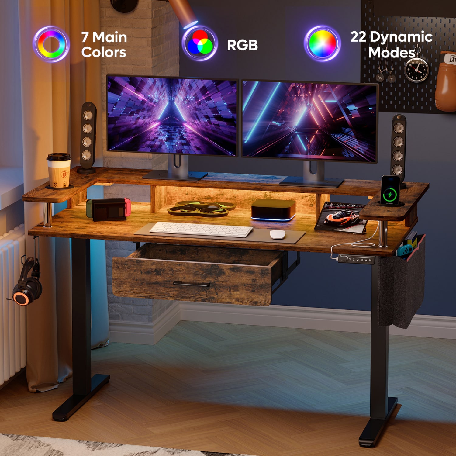 Bestier 59inW Electric Adjustable Height Standing Desk With Monitor Riser, Rustic Brown - Image 4