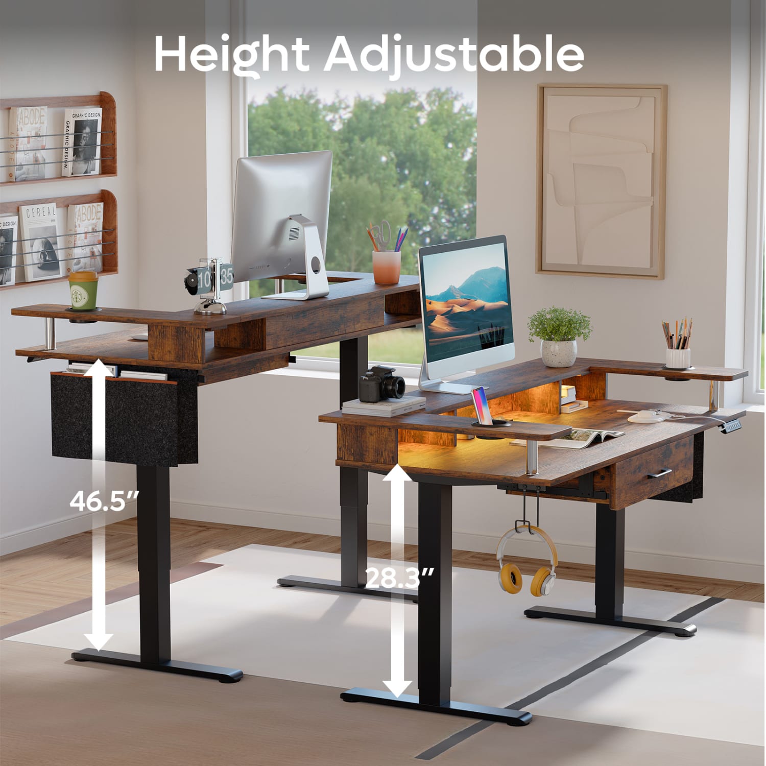 Bestier 59inW Electric Adjustable Height Standing Desk With Monitor Riser, Rustic Brown - Image 5