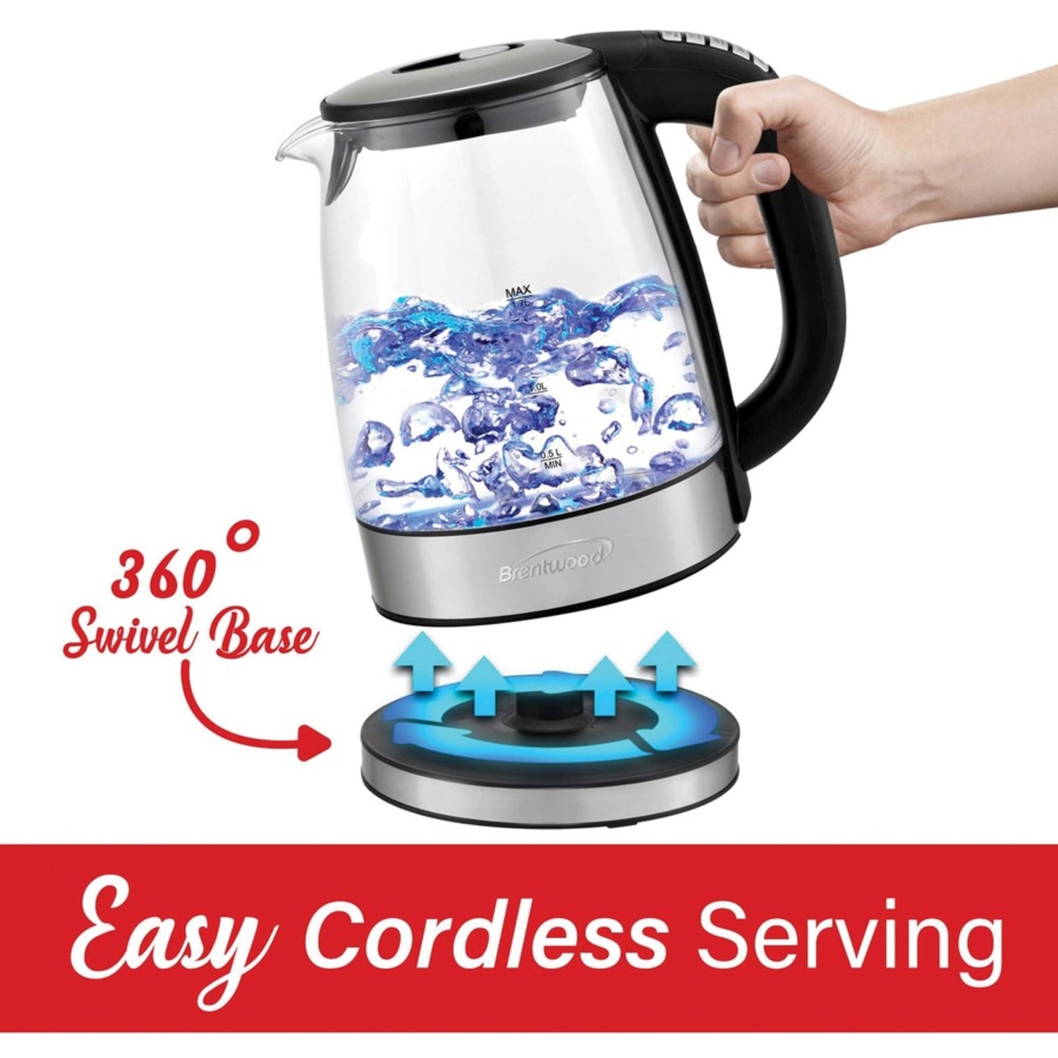 Brentwood 1.79 Qt Cordless Digital Electric Glass Kettle With 6 Precise Temperature Presets & Swivel Base, Black - Image 3