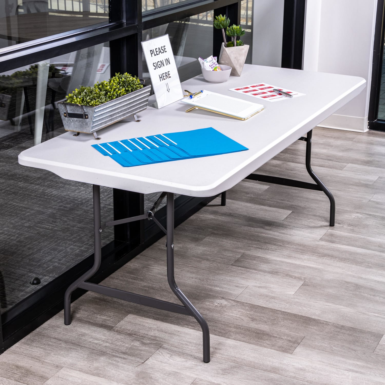 Realspace Molded Plastic Top Folding Table, 29inH x 72inW x 30inD, Gray Granite