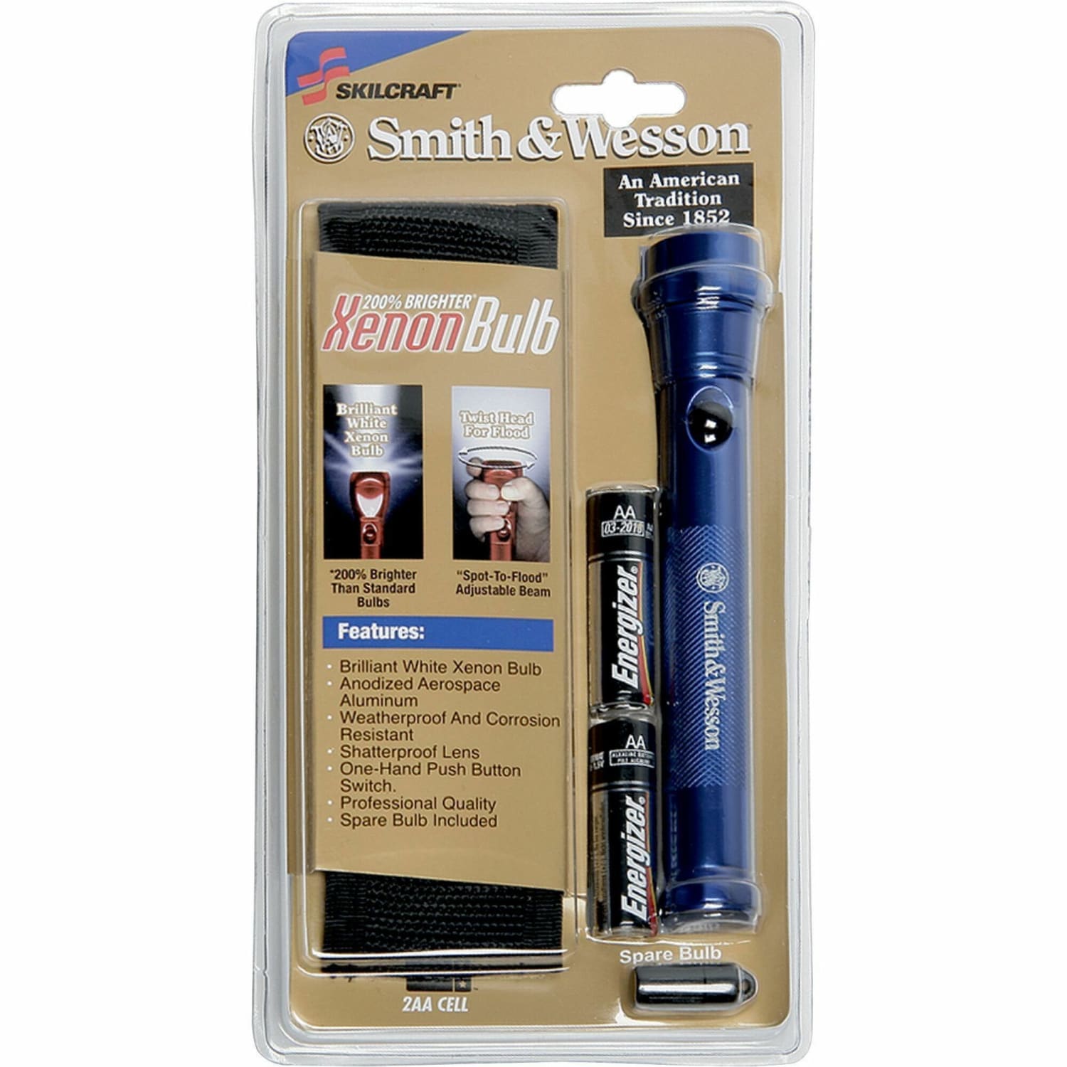 SKILCRAFT Smith & Wesson Aluminum Flashlight - LED - 2 x AA - Battery - Aluminum, Anodized Aluminum - Water Proof, Shatter Proof - Blue - 1 Each