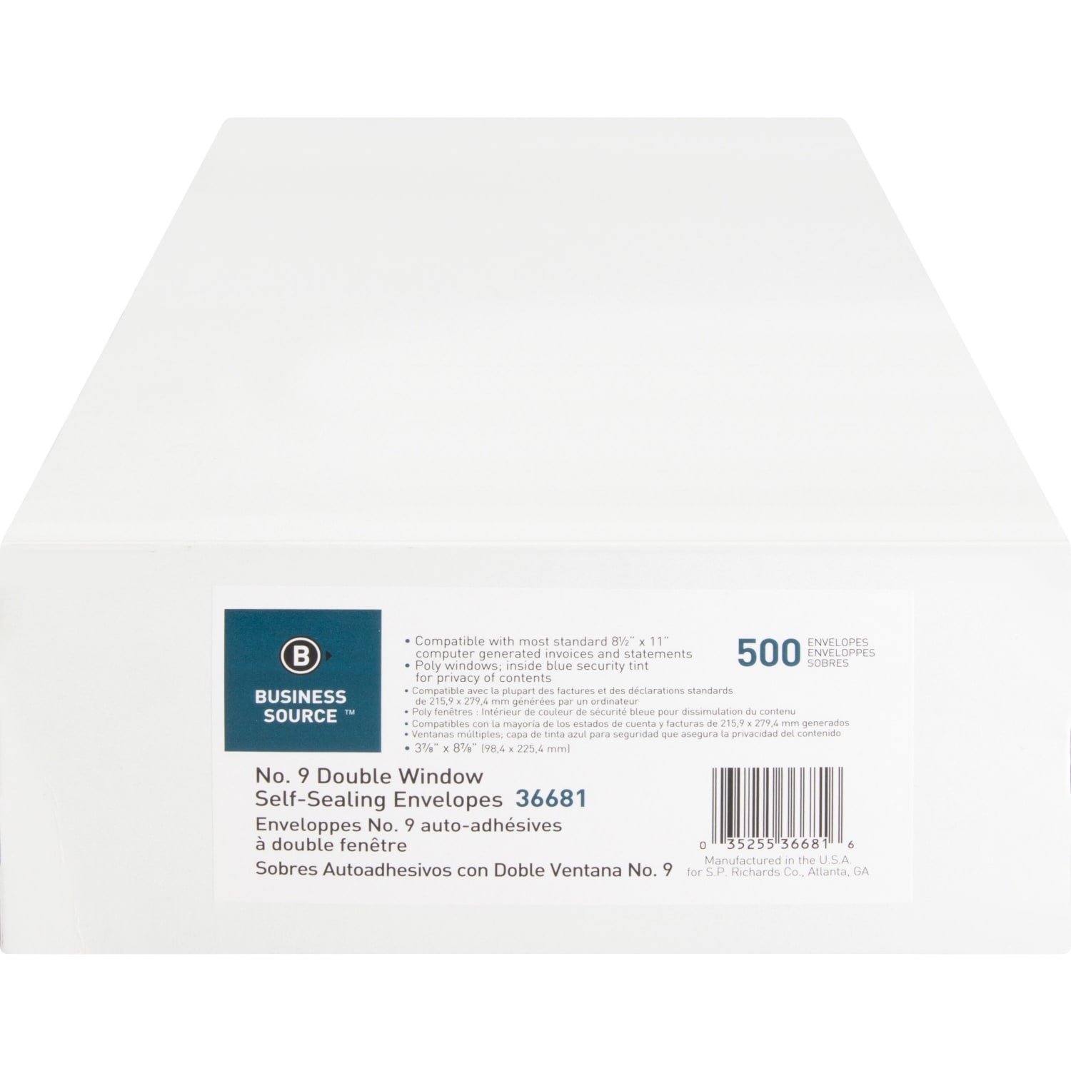 Business Source No. 9 Double Window Invoice Envelopes - Double Window - #9 - 8 7/8in Width x 3 7/8in Length - 24 lb - Self-sealing - White - 500 / Box - Image 3