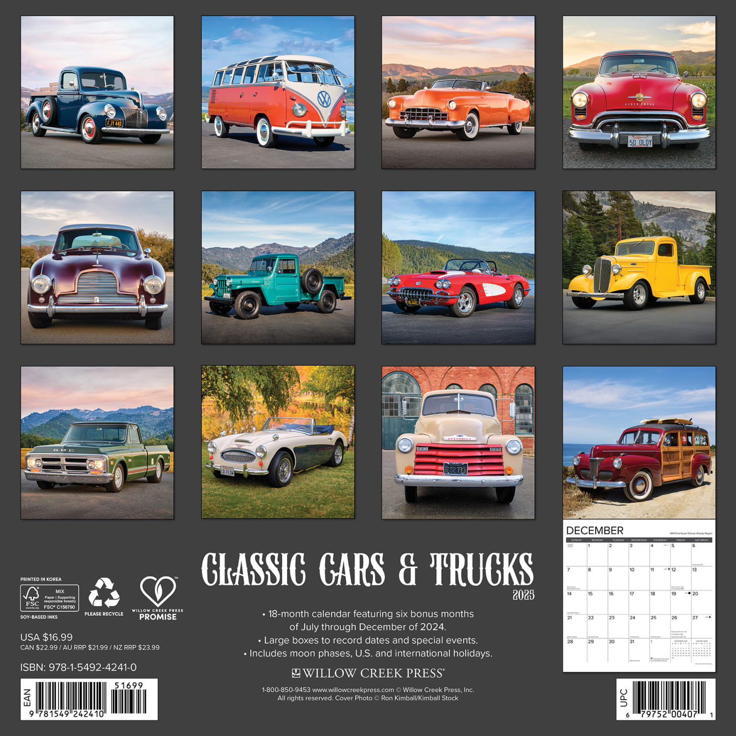 2025 Willow Creek Press Monthly Wall Calendar, 12in x 12in, Classic Cars & Trucks, January 2025 to December 2025, 42410 - Image 6