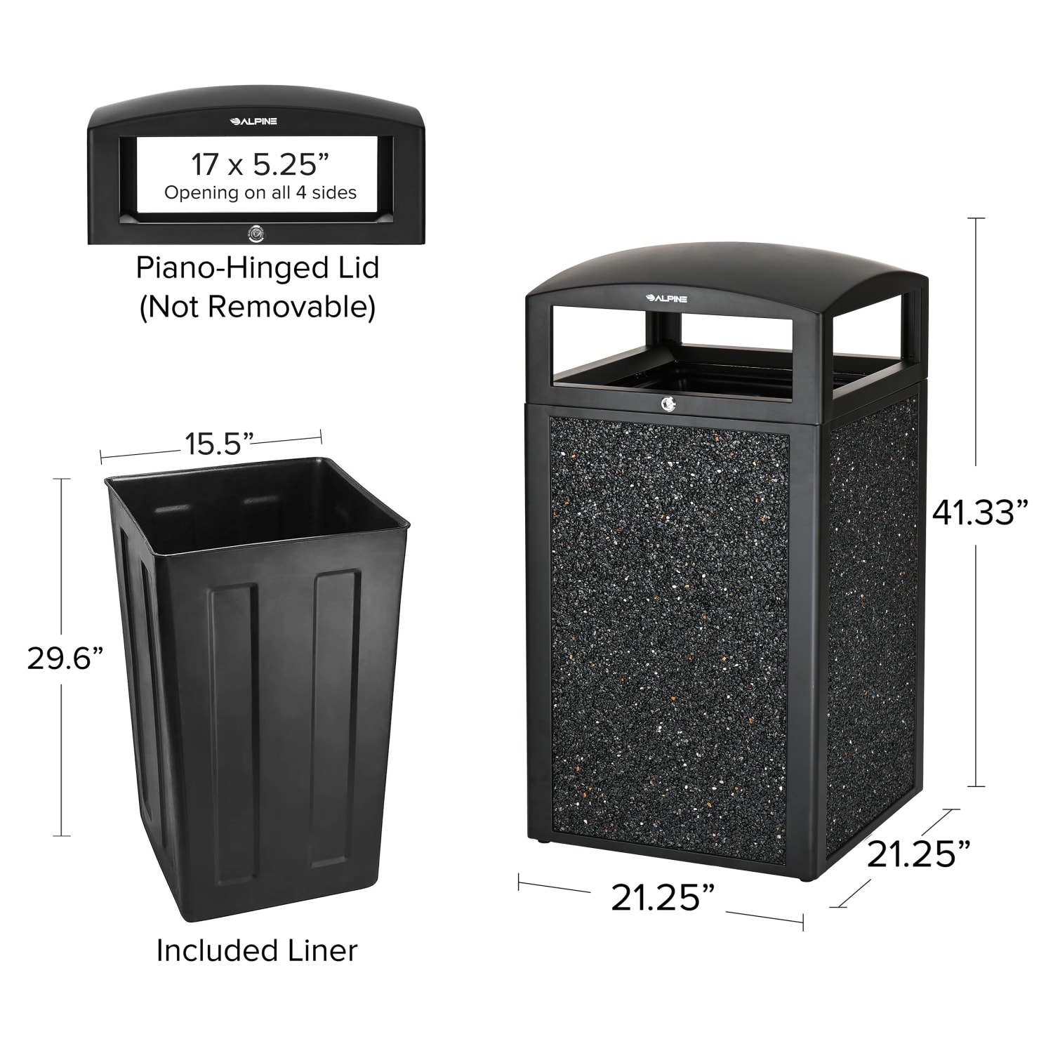 Alpine Industries Steel All-Weather Stone Panel Outdoor Commercial Trash Can With Lid, 40 Gallons, Gray - Image 5