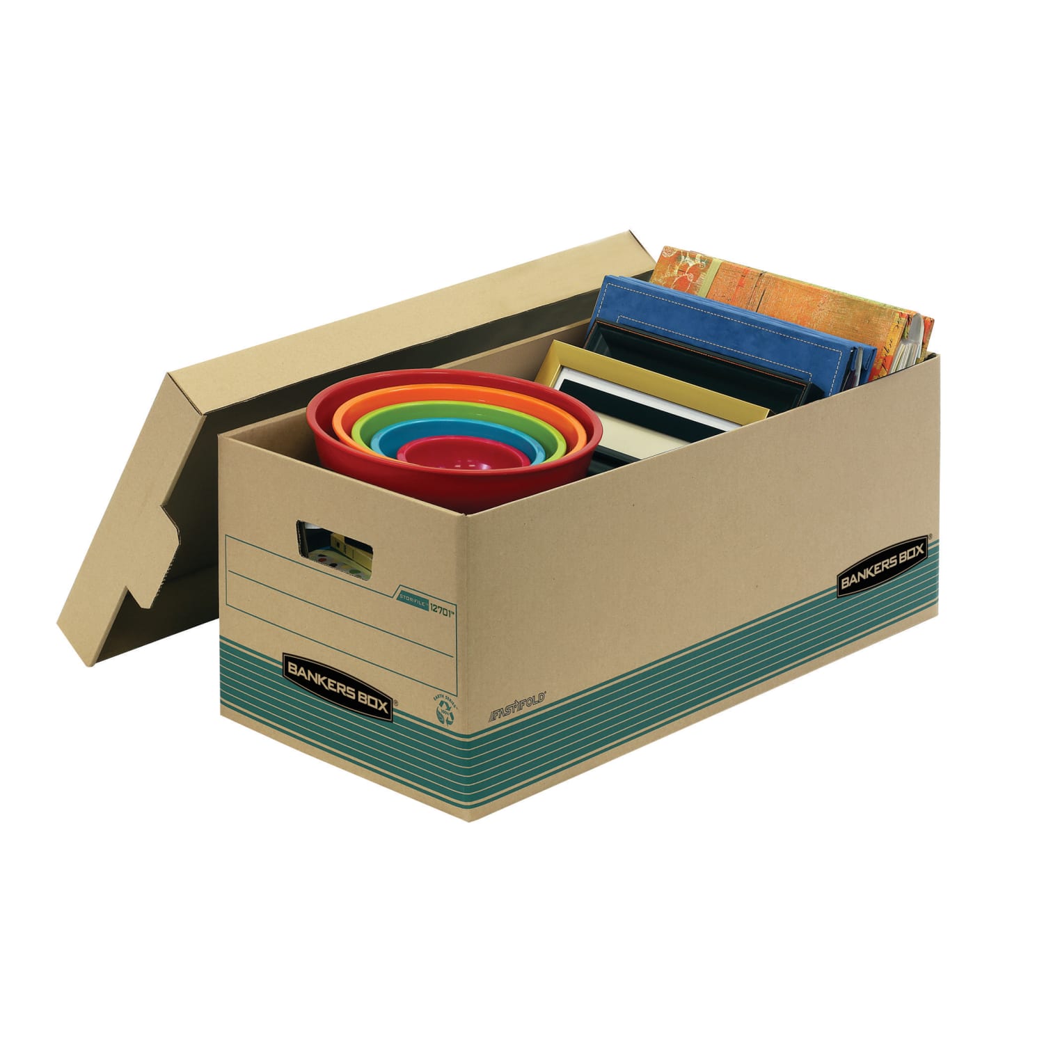 Bankers Box Stor/File FastFold Standard-Duty Storage Boxes With Lift-Off Lids, Letter Size, 24in x 12in x 10in, 94% Recycled, Kraft/Green, Case Of 12 - Image 3