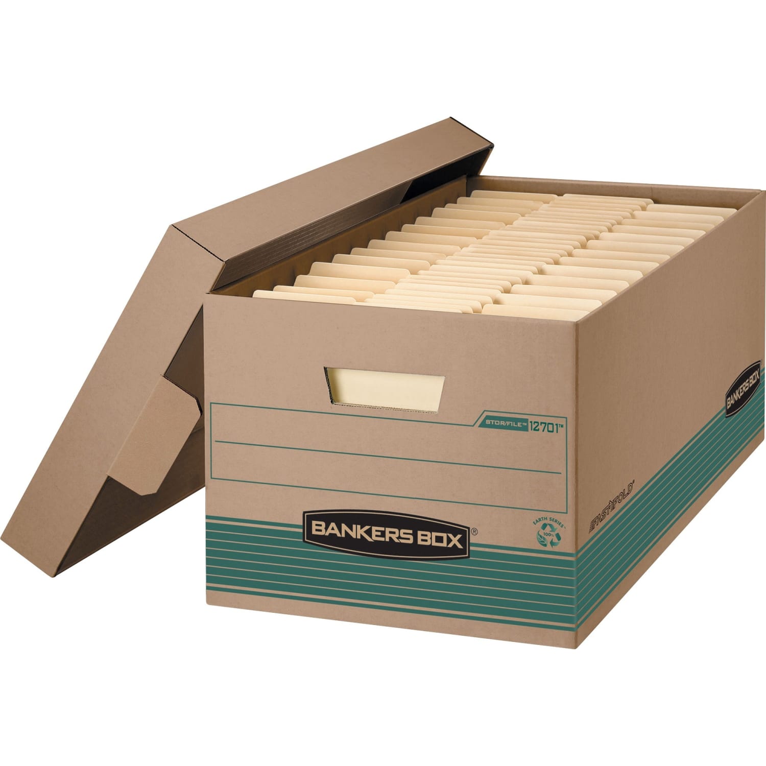Bankers Box Stor/File FastFold Standard-Duty Storage Boxes With Lift-Off Lids, Letter Size, 24in x 12in x 10in, 94% Recycled, Kraft/Green, Case Of 12 - Image 4