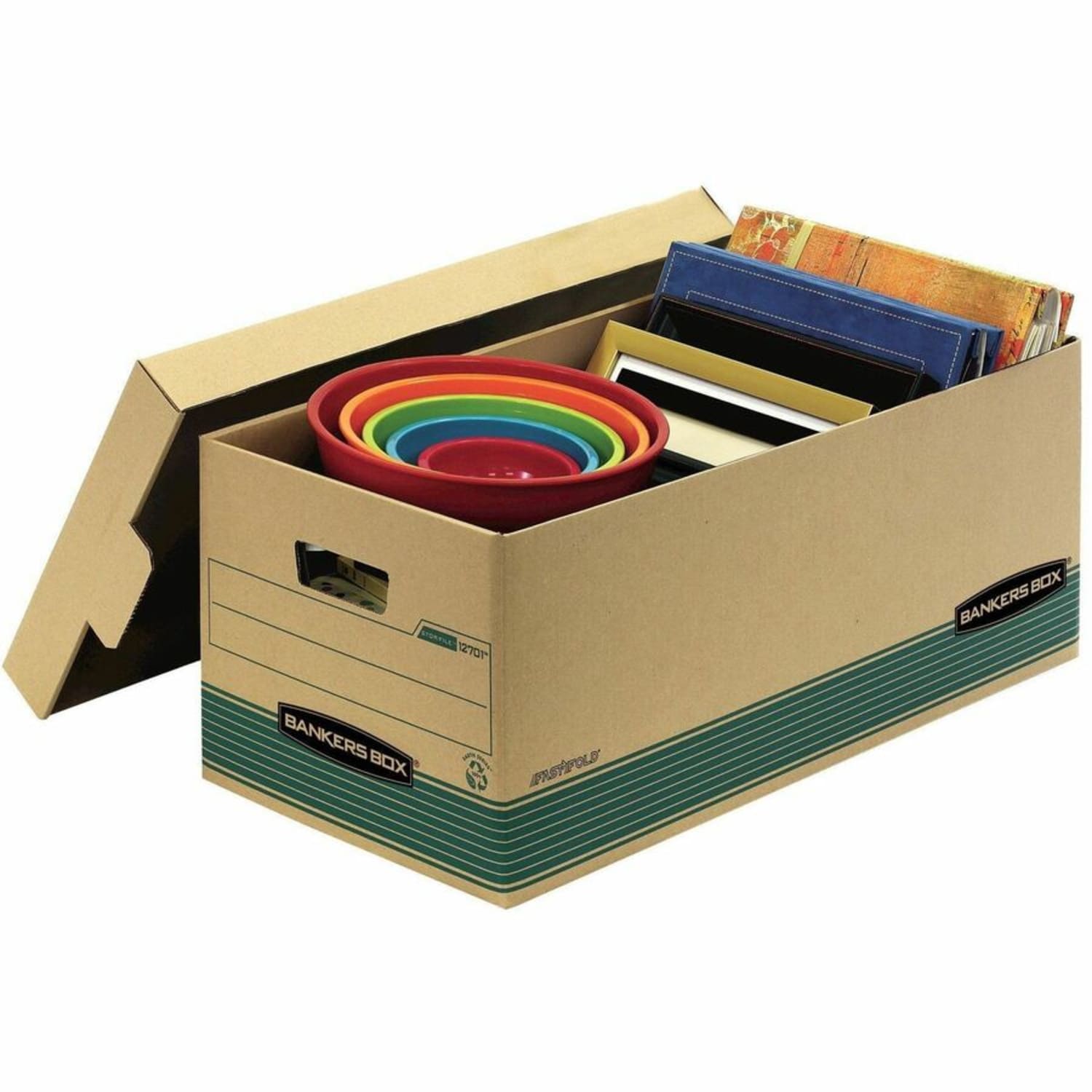 Bankers Box Stor/File FastFold Standard-Duty Storage Boxes With Lift-Off Lids, Letter Size, 24in x 12in x 10in, 94% Recycled, Kraft/Green, Case Of 12 - Image 5