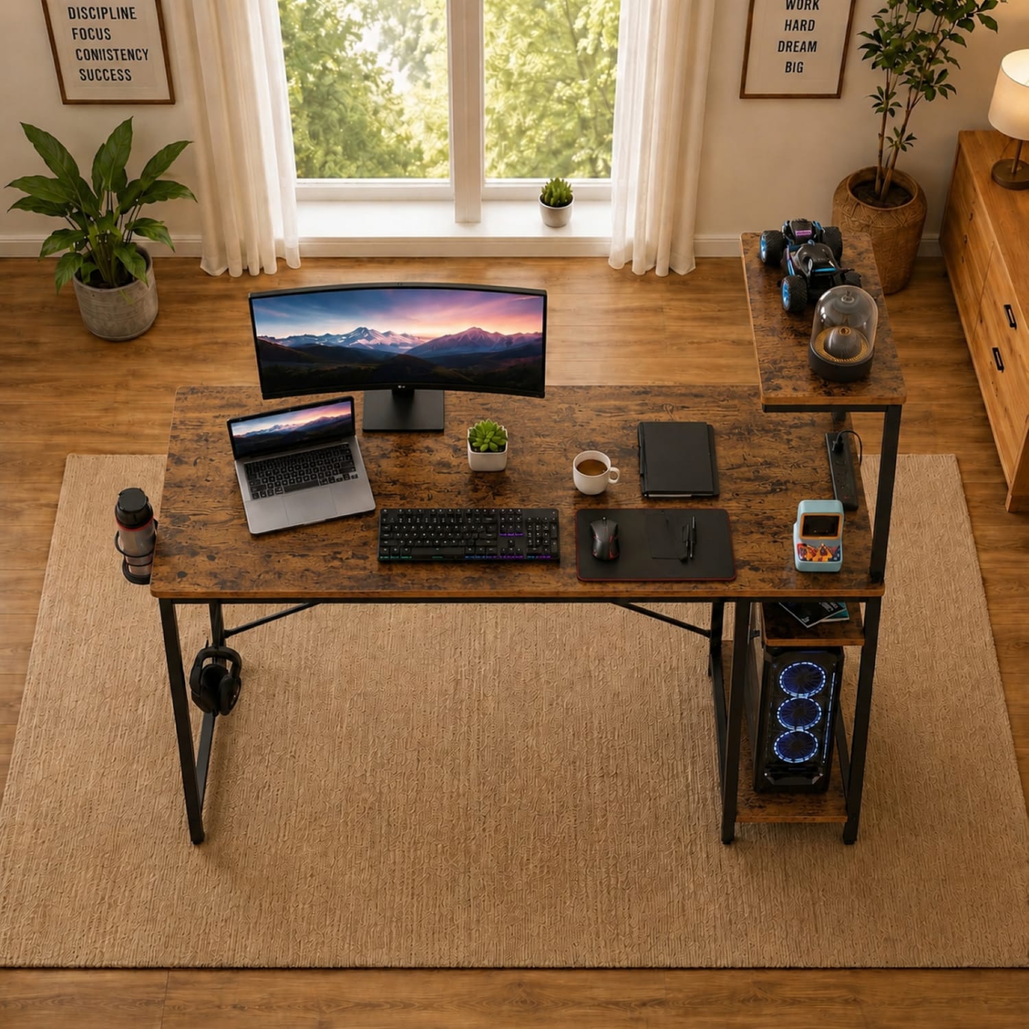 Bestier Gaming Computer Desk With RGB LED Lights And 4-Tier Storage Shelves, 45inW, Rustic Brown - Image 3