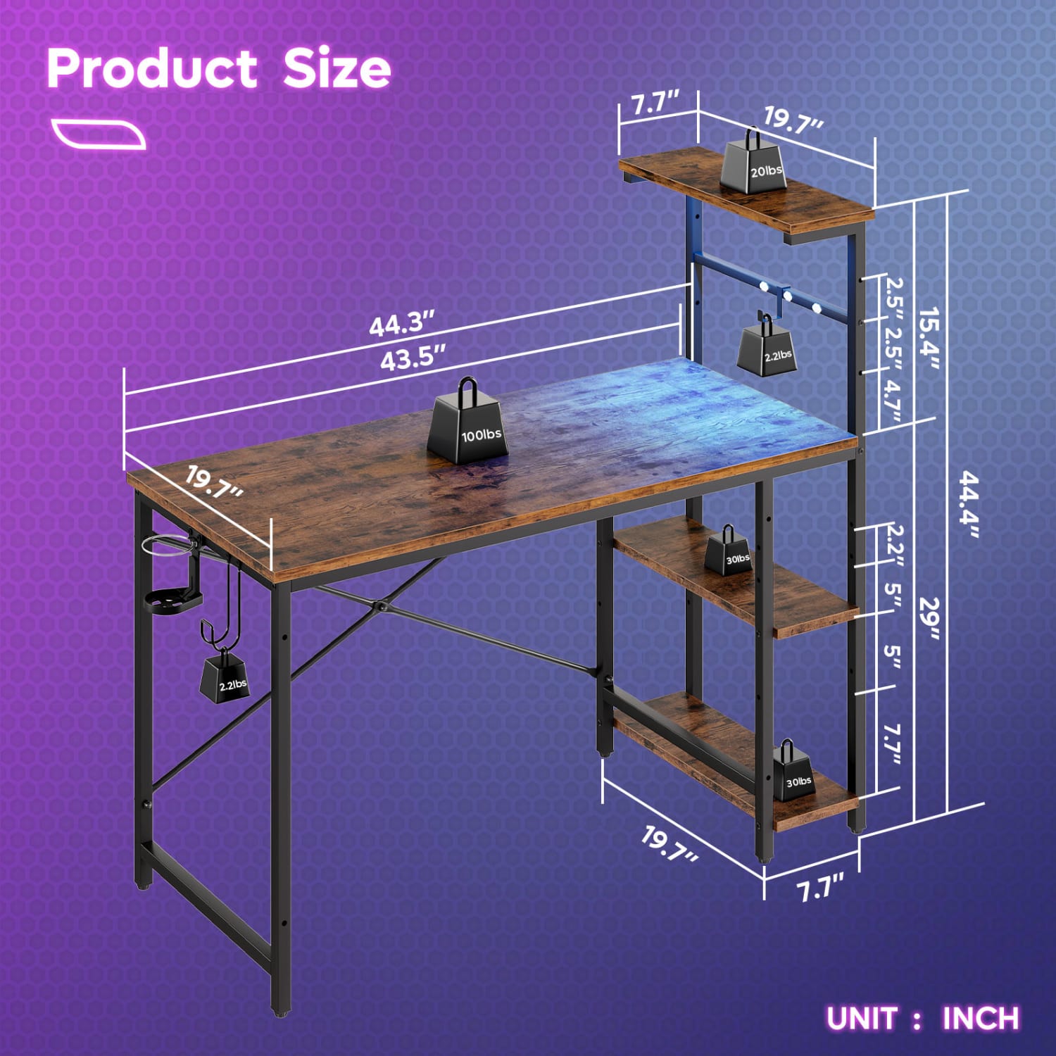 Bestier Gaming Computer Desk With RGB LED Lights And 4-Tier Storage Shelves, 45inW, Rustic Brown - Image 4