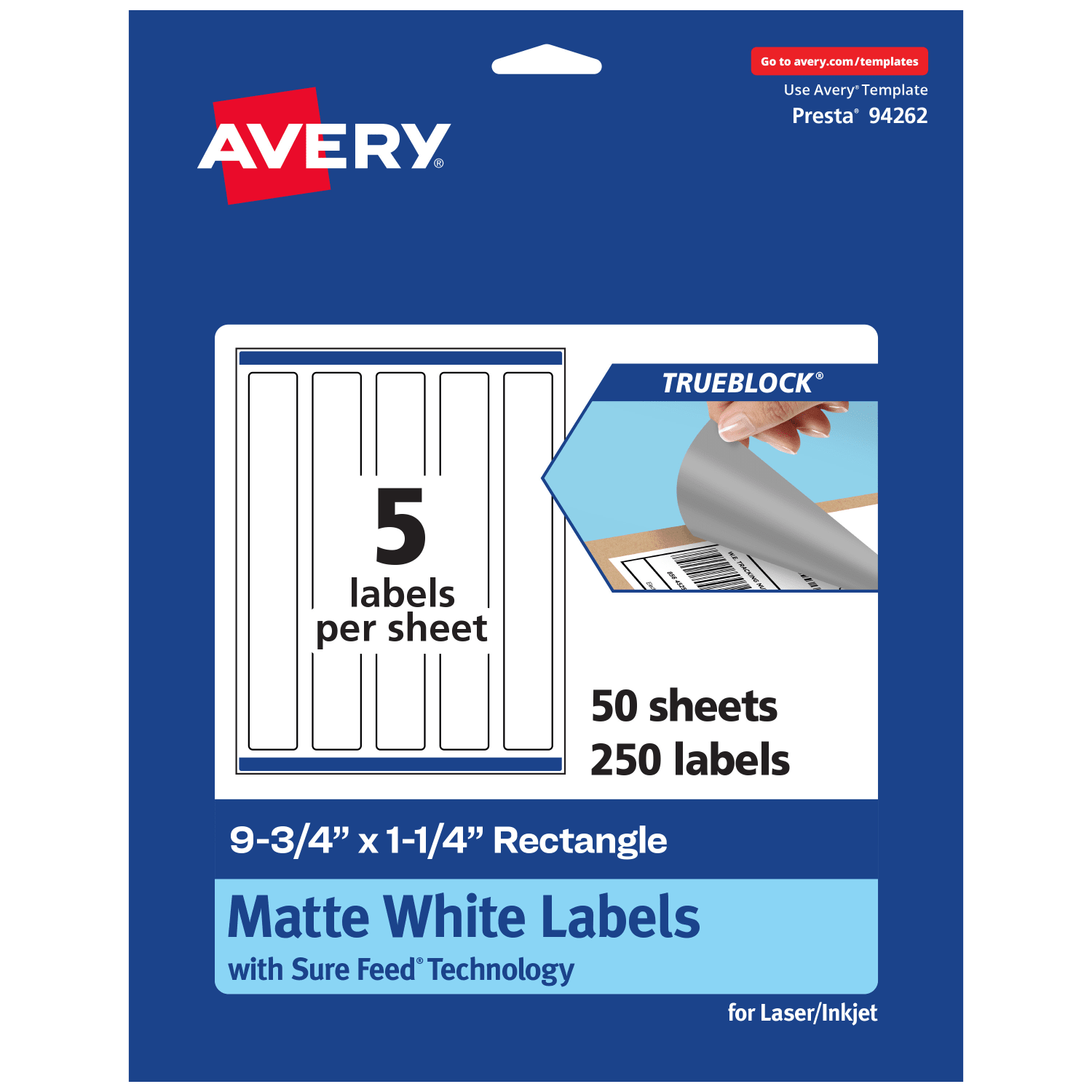 Avery Print-To-The-Edge TrueBlock Labels With Sure Feed, 94262-TWMP50, Rectangle, 9-3/4in x 1-1/4in, Matte White, Pack Of 250