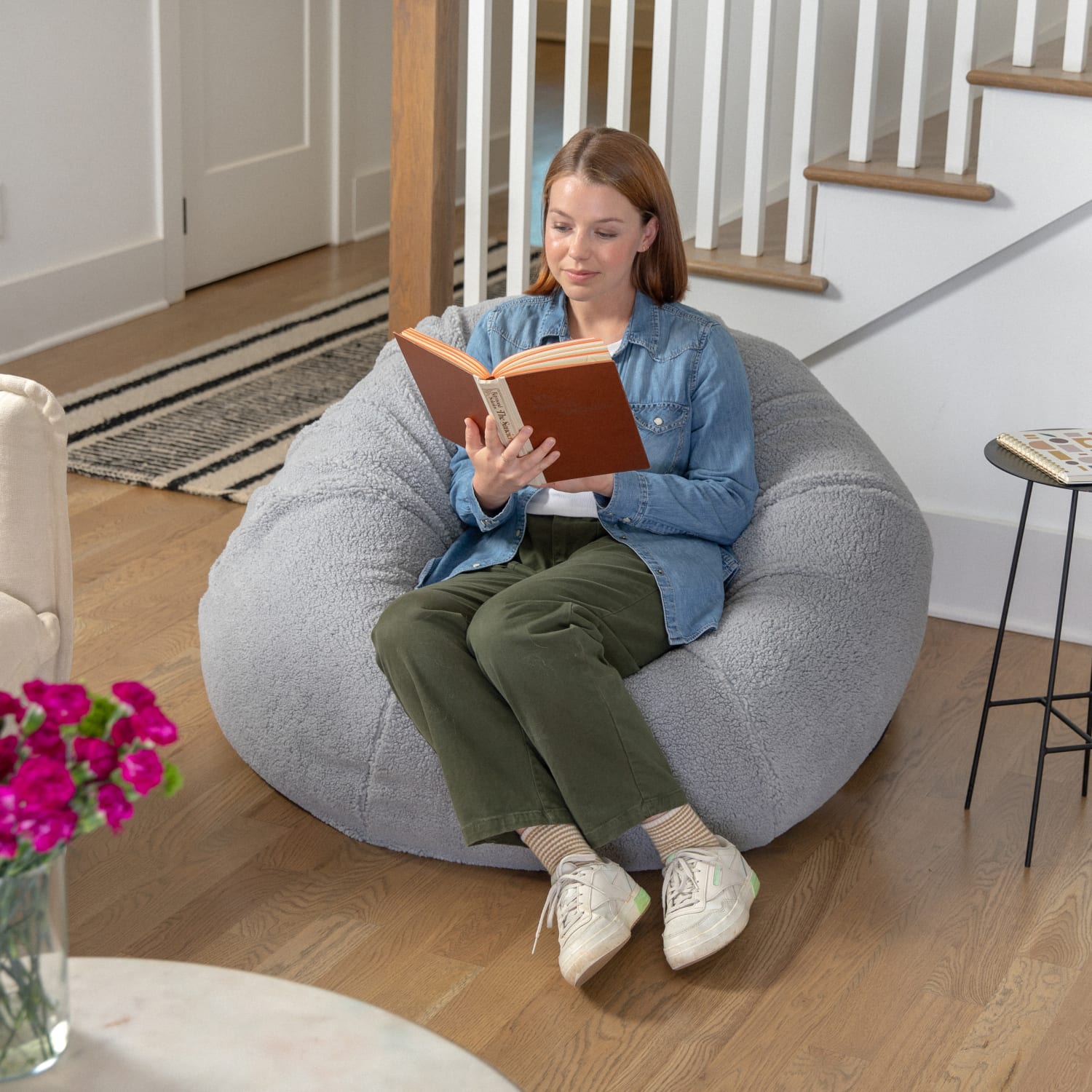 Flash Furniture Oversized Bean Bag Chair For Kids And Adults, Gray Sherpa - Image 3