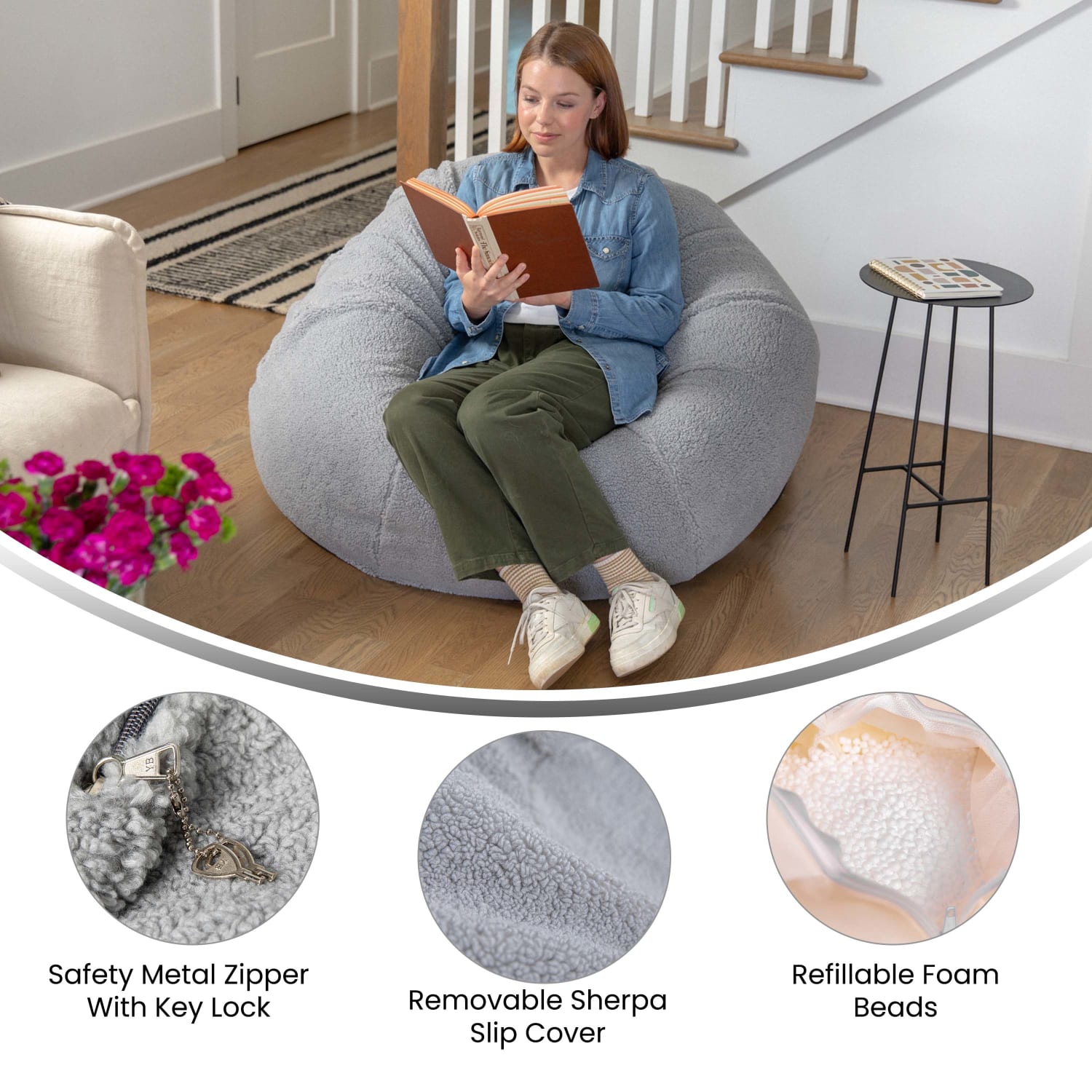 Flash Furniture Oversized Bean Bag Chair For Kids And Adults Gray Sherpa PopularChairscom