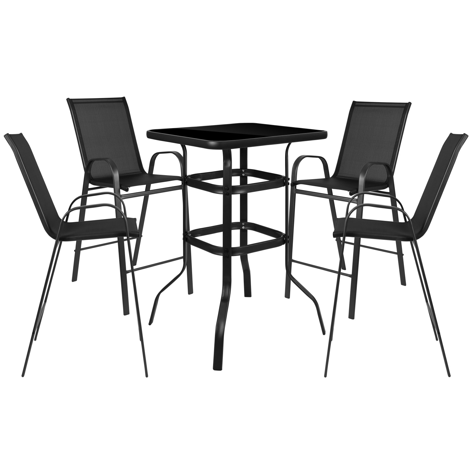 Flash Furniture Brazos 4-Person Glass-Table Outdoor Bistro Dining Set With All-Weather Patio Stools, Black - Image 3