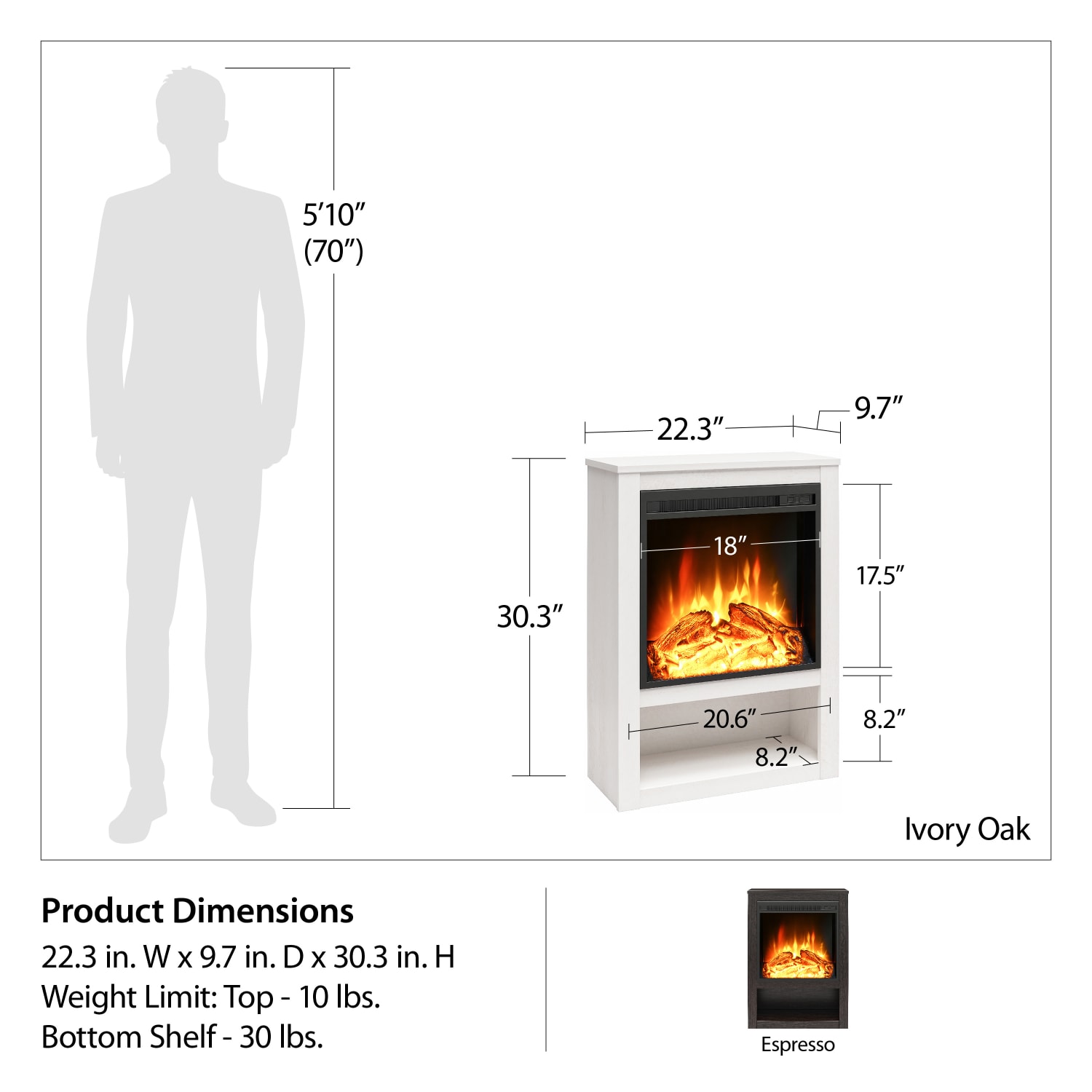 Ameriwood Home Clermont Electric Fireplace Mantel, 30-5/16inH x 22-5/16inW x 9-3/4inD, Espresso - Image 5