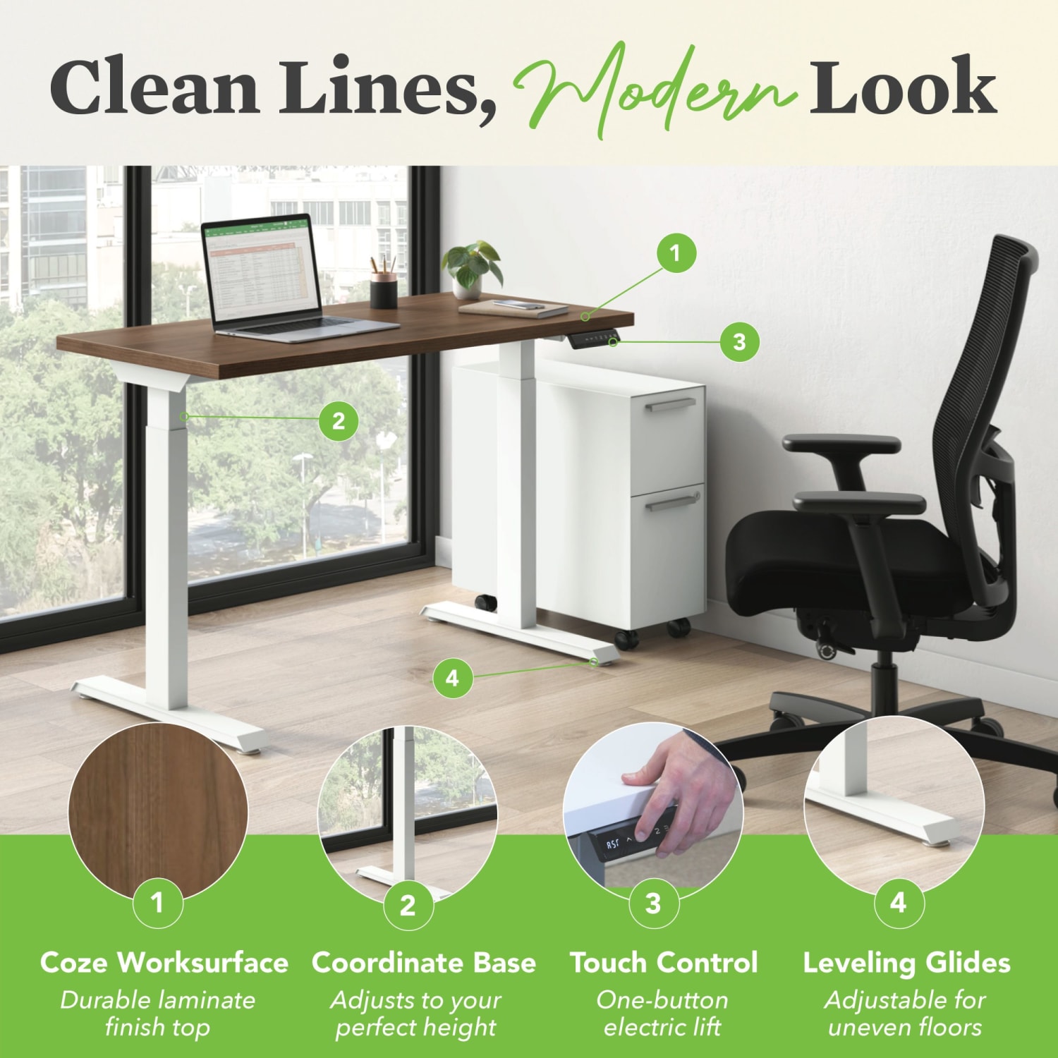 HON Coze Worksurface With Coordinate Height-Adjustable Base, 48inW, Designer White/Black - Image 3