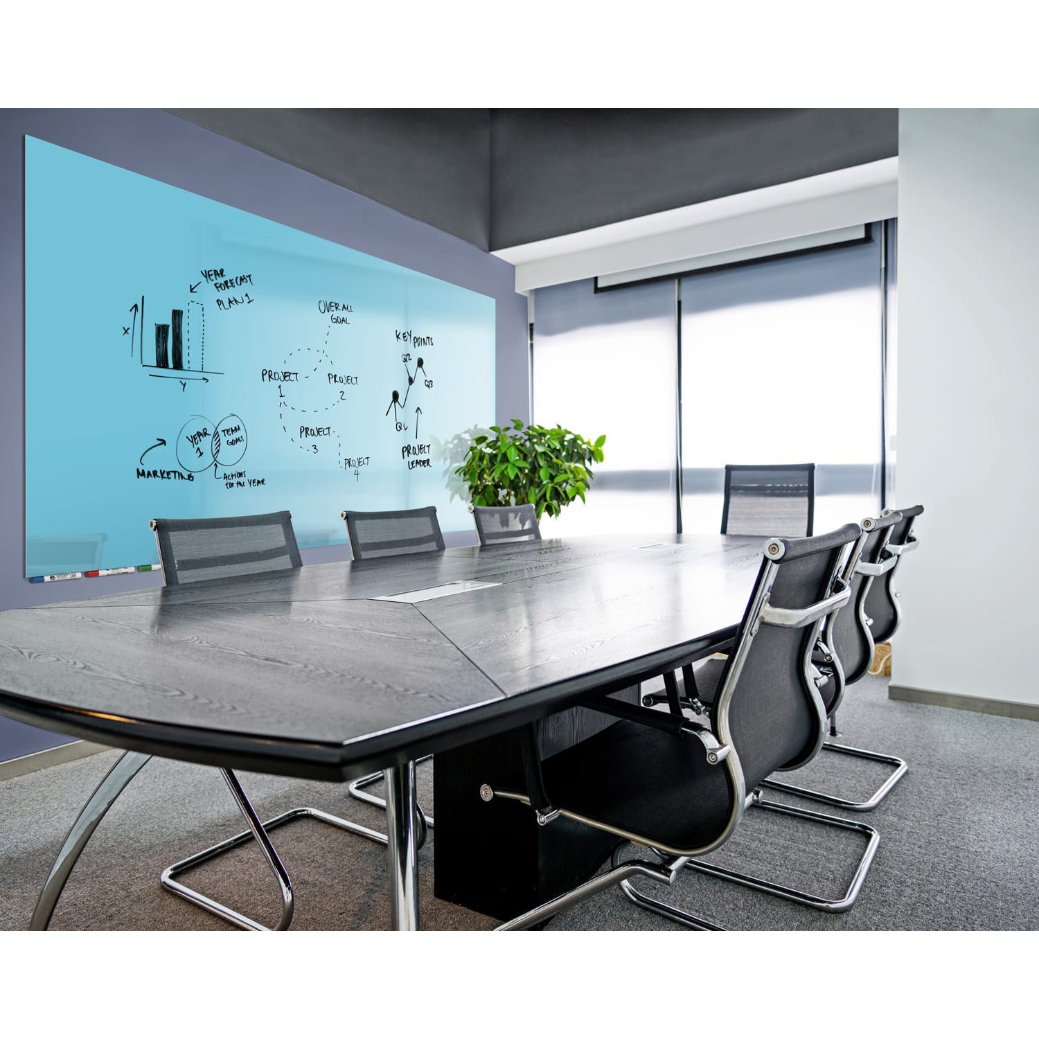 Ghent Aria Magnetic Low-Profile 1/4in Glass Unframed Dry-Erase Whiteboard Set, 48in x 72in, Blue - Image 5