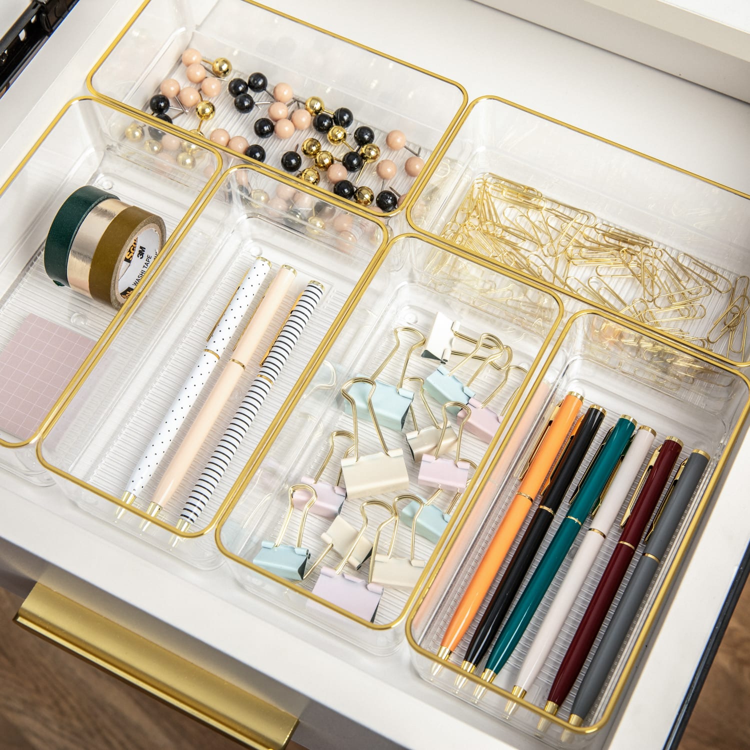 Martha Stewart Kerry Plastic Stackable Office Desk Drawer Organizers, 2inH x 3inW x 6inD, Clear/Gold Trim, Pack Of 6 Organizers - Image 3