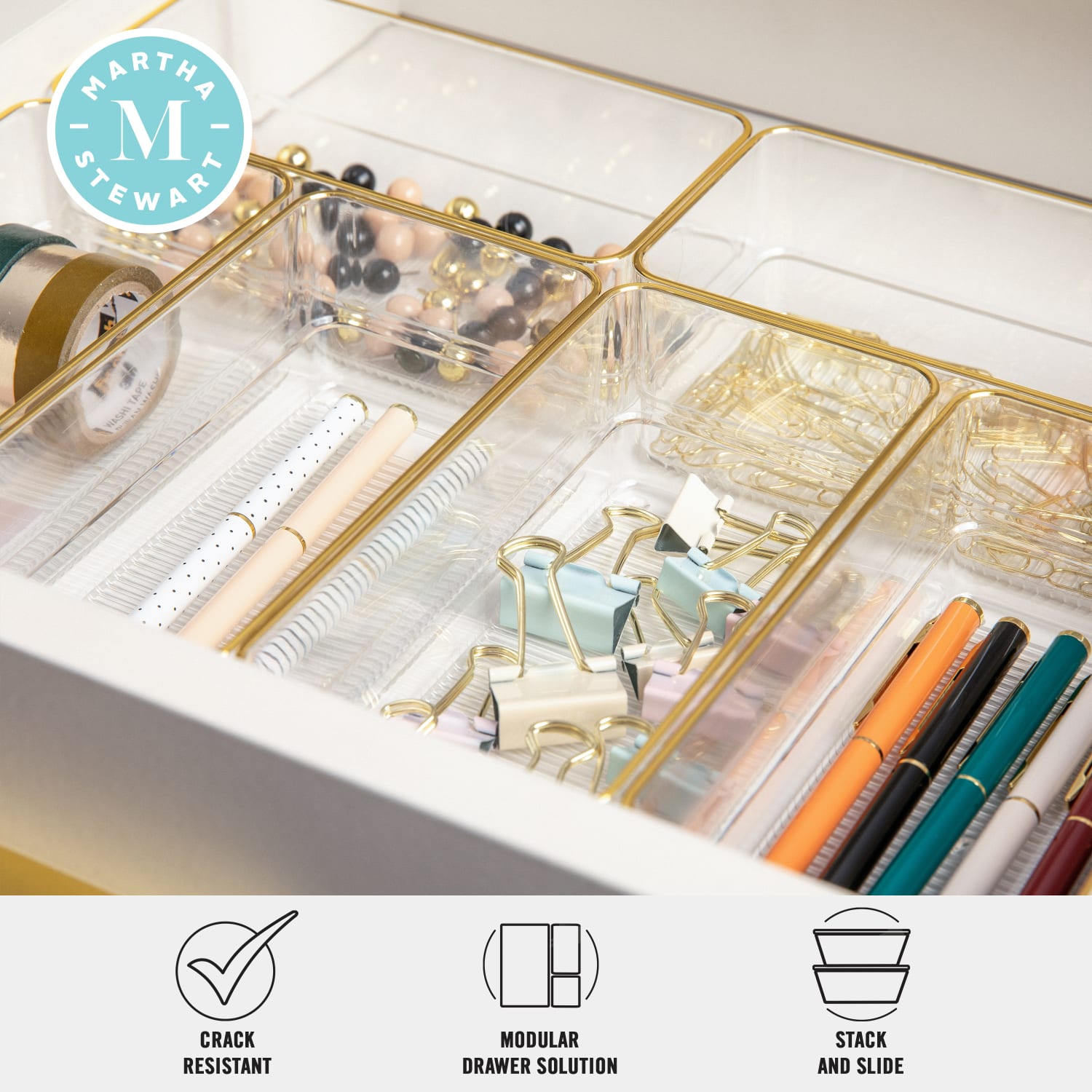 Martha Stewart Kerry Plastic Stackable Office Desk Drawer Organizers, 2inH x 3inW x 6inD, Clear/Gold Trim, Pack Of 6 Organizers - Image 4