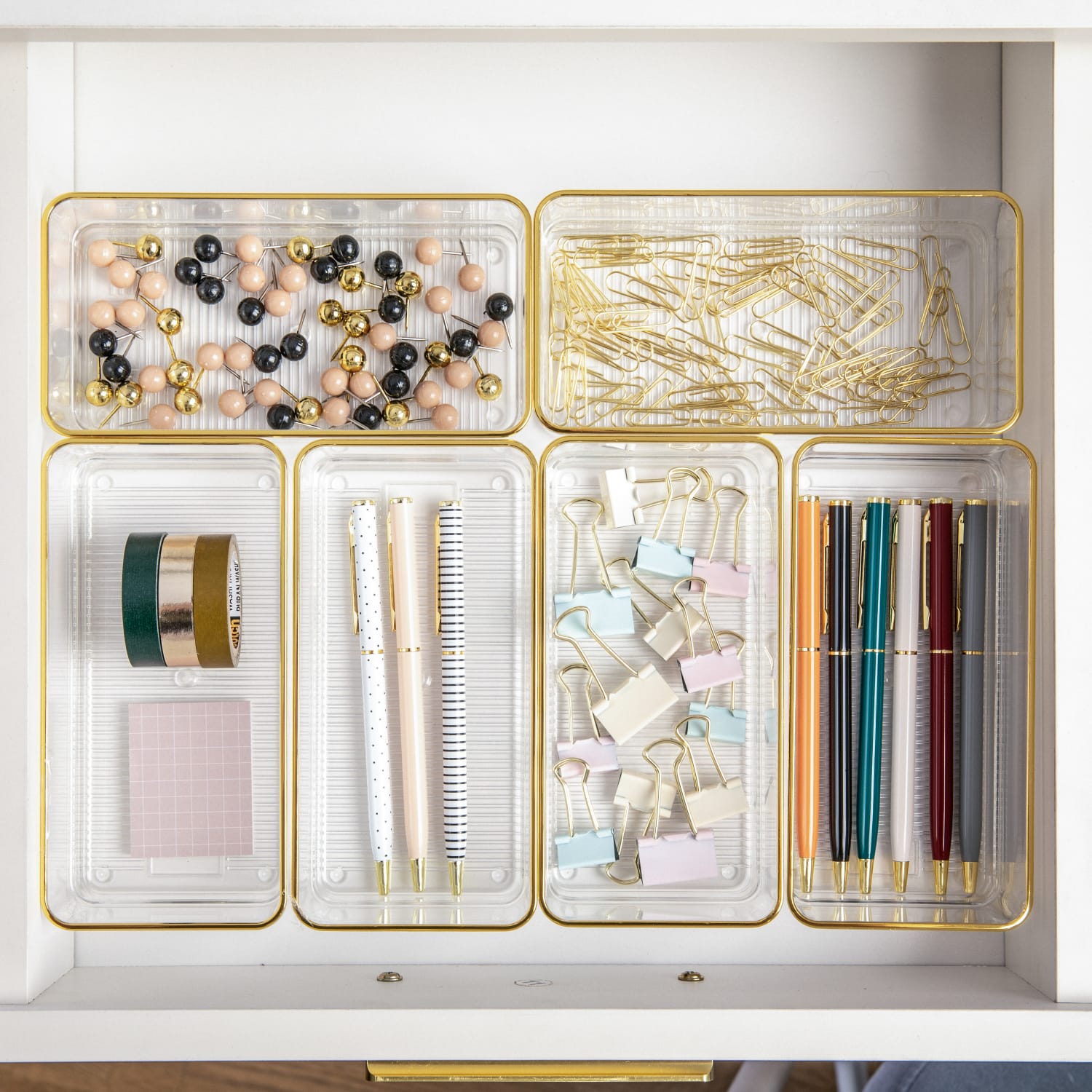 Martha Stewart Kerry Plastic Stackable Office Desk Drawer Organizers, 2inH x 3inW x 6inD, Clear/Gold Trim, Pack Of 6 Organizers - Image 6