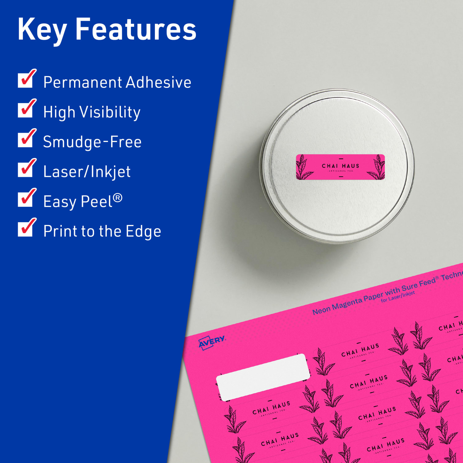 Avery Print-To-The-Edge Labels With Sure Feed Technology And Easy Peel, 94209-NMP40, Rectangle, 2/3in x 1-3/4in, Matte Neon Magenta, Pack of 1760 - Image 3