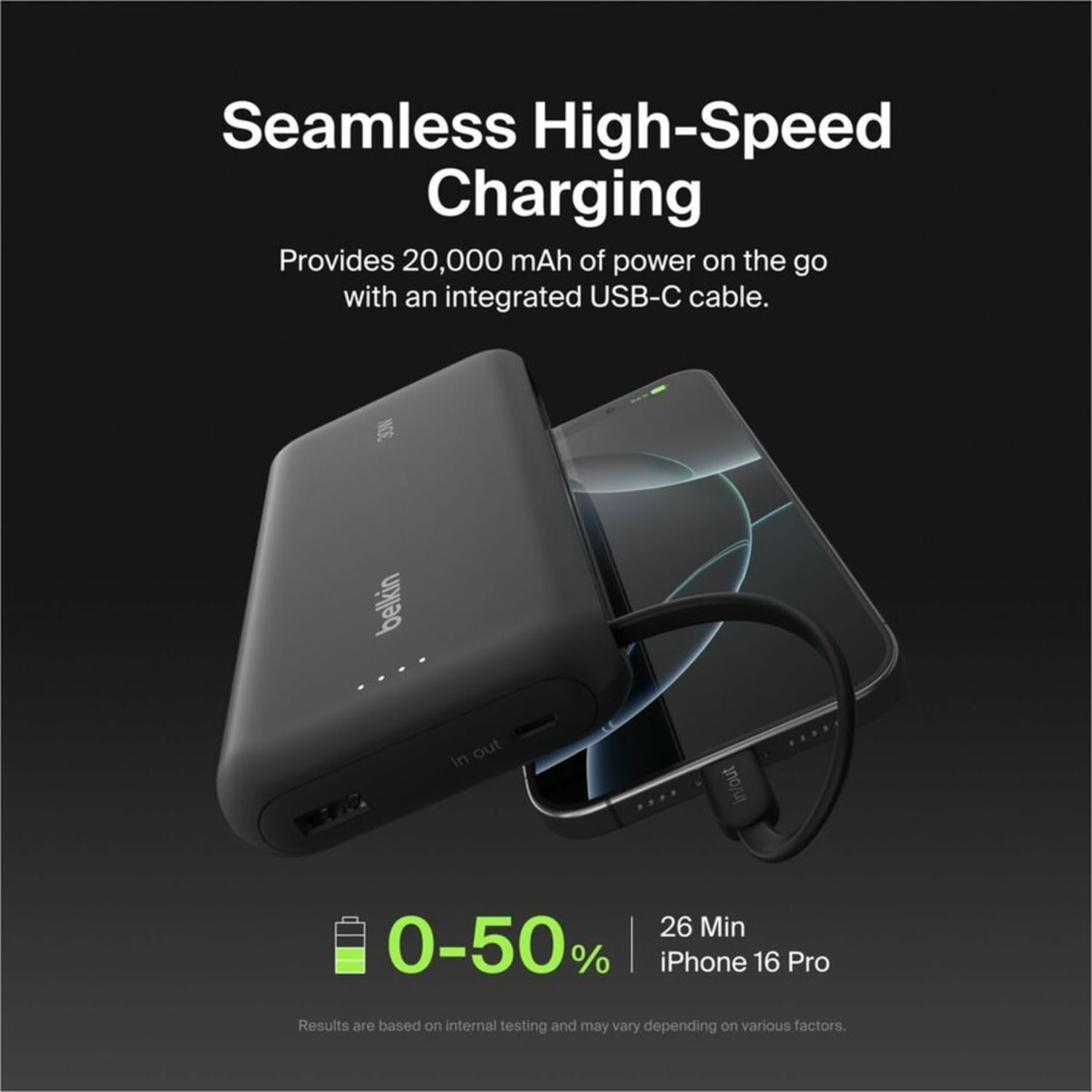 Belkin 30W 2-port Power Bank w/ Integrated USB-C Cable, 20K mAh, 1xUSB-A, 1xUSB-C, Portable Charger, Black, BPB024FQBK - Image 3