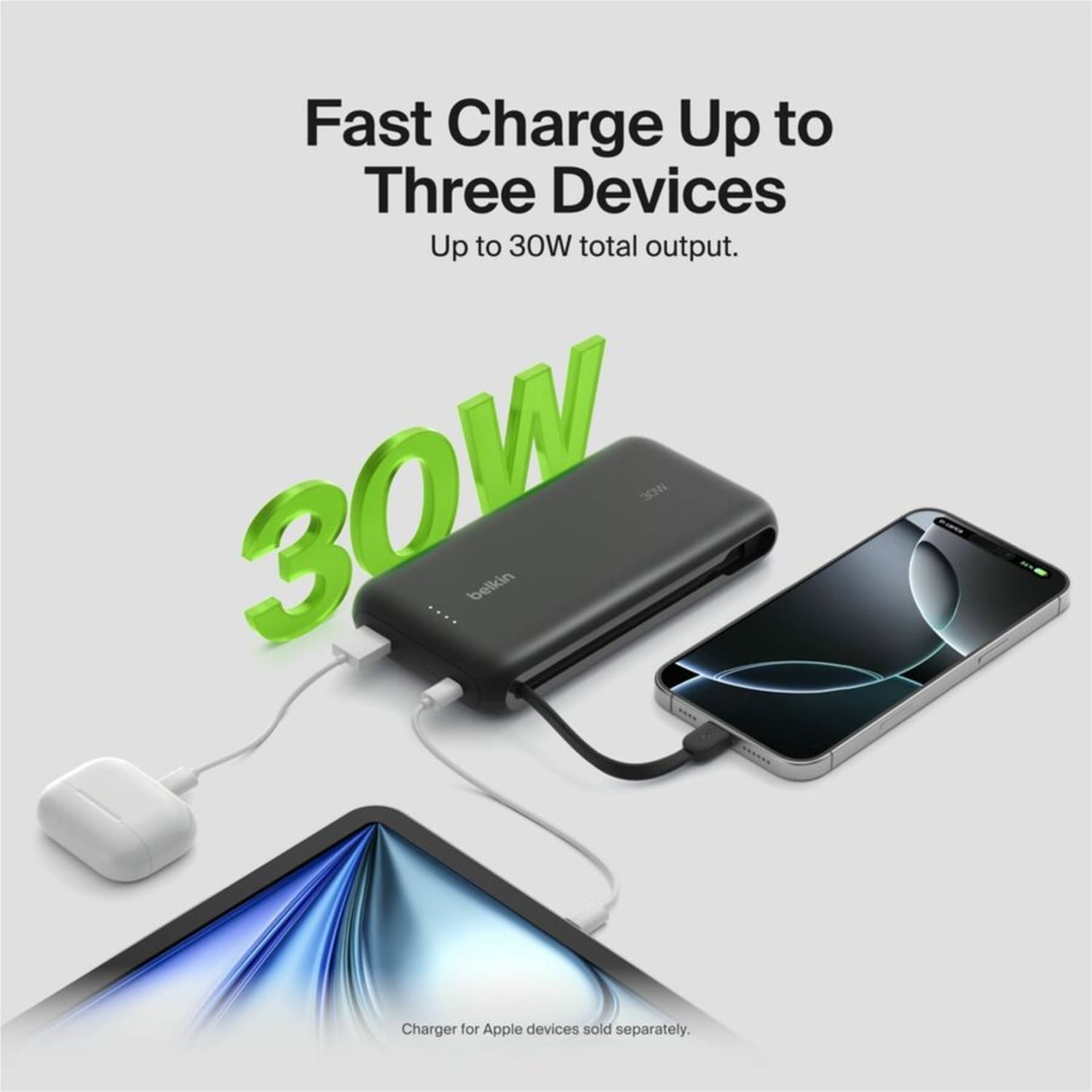 Belkin 30W 2-port Power Bank w/ Integrated USB-C Cable, 20K mAh, 1xUSB-A, 1xUSB-C, Portable Charger, Black, BPB024FQBK - Image 4