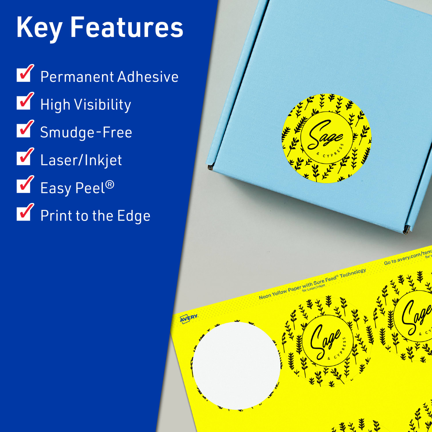 Avery Print-To-The-Edge Labels With Sure Feed Technology, 94512-NYP20, Round, 2-3/4in, Matte Neon Yellow, Pack of 120 - Image 3