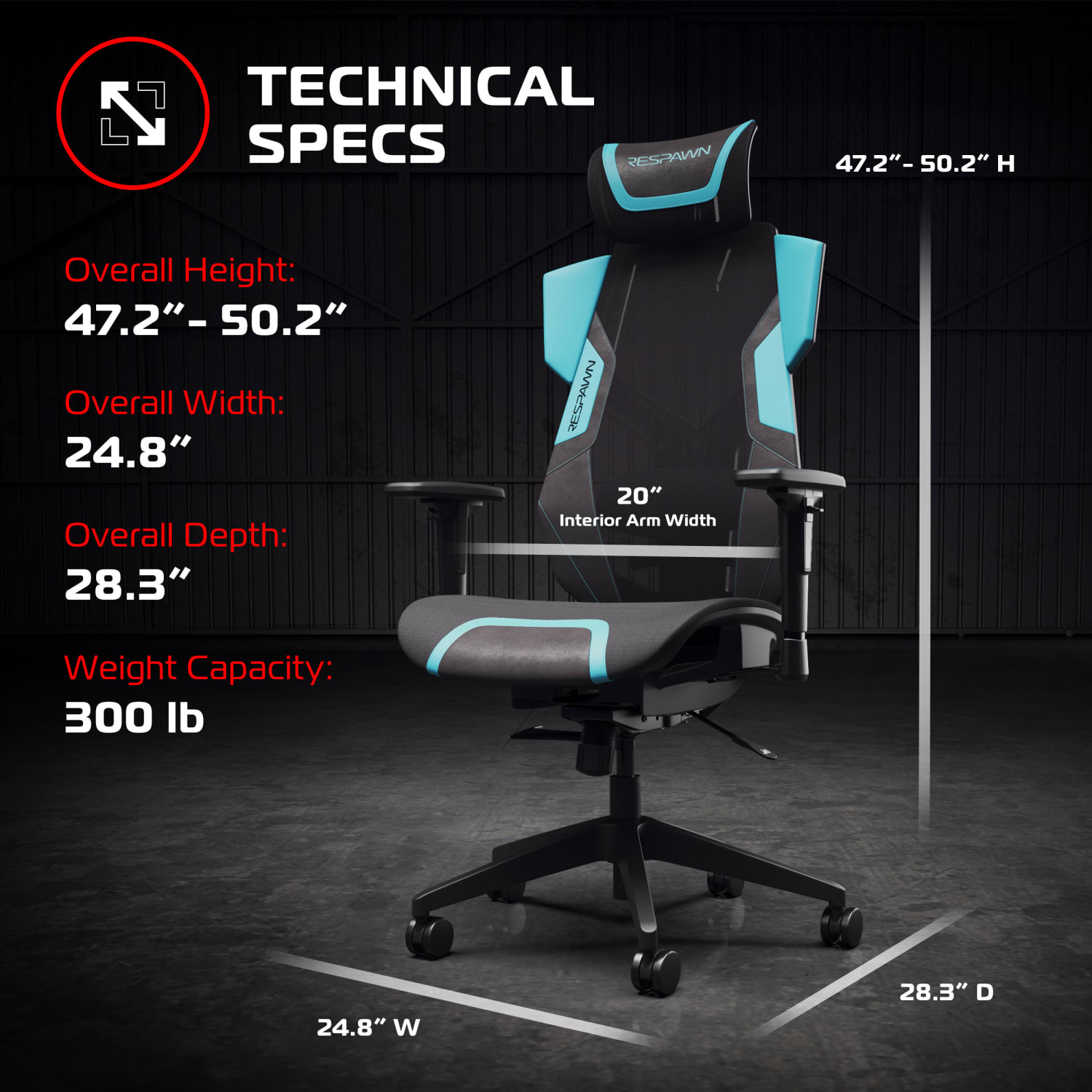 RESPAWN FLEXX Mesh Gaming Chair With Lumbar Support, Teal, RSPPRMB03TEL - Image 3