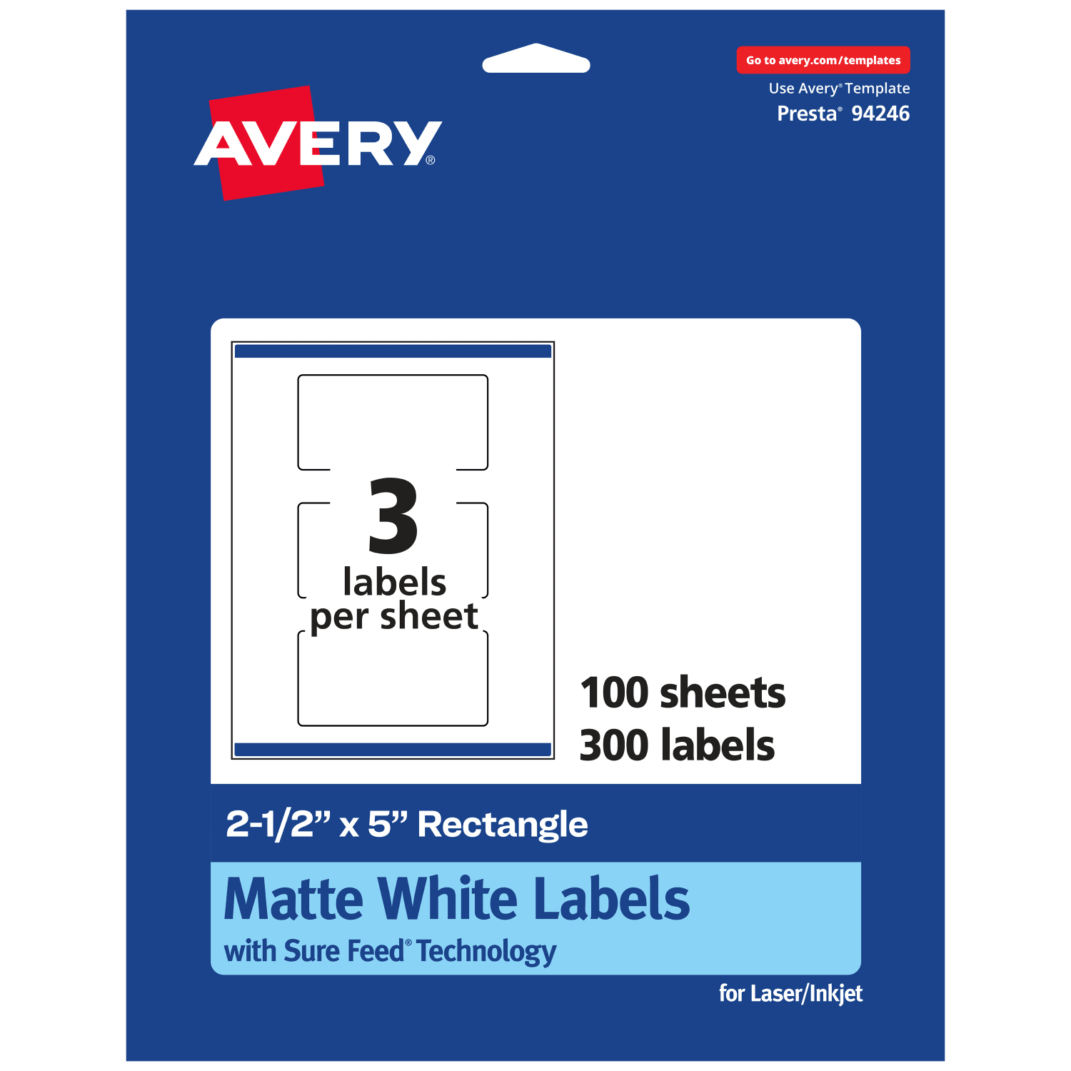 Avery Permanent Labels With Sure Feed, 94246-WMP100, Rectangle, 2-1/2in x 5in, White, Pack Of 300