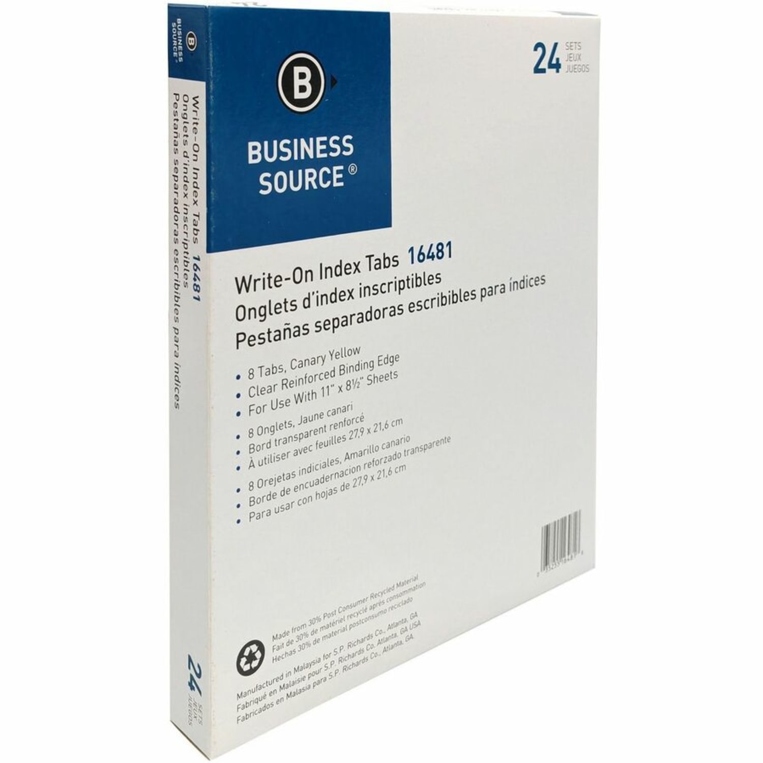 Business Source Mylar-reinforced Plain Tab Indexes - 8 Write-on Tab(s) - 8 Tab(s)/Set - 8.5in Divider Width x 11in Divider Length - Letter - 3 Hole Punched - Canary Tab(s) - Hole-punched, Mylar Reinforced Edge - 24 / Box - Image 5