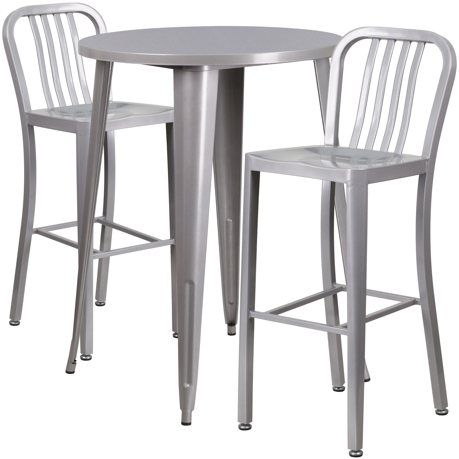 Flash Furniture Commercial-Grade Round Metal Indoor/Outdoor Bar Table Set With 2 Vertical Slat-Back Stools, Silver - Image 3