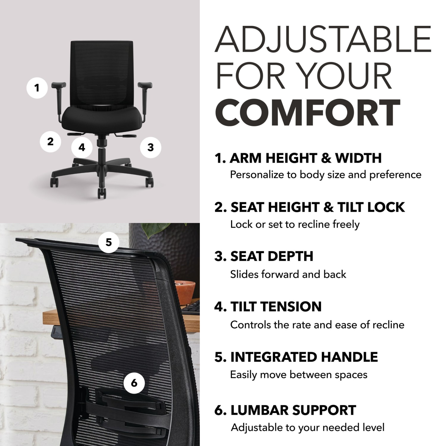 HON Convergence Ergonomic Fabric Mid-Back Task Chair, Black - Image 4