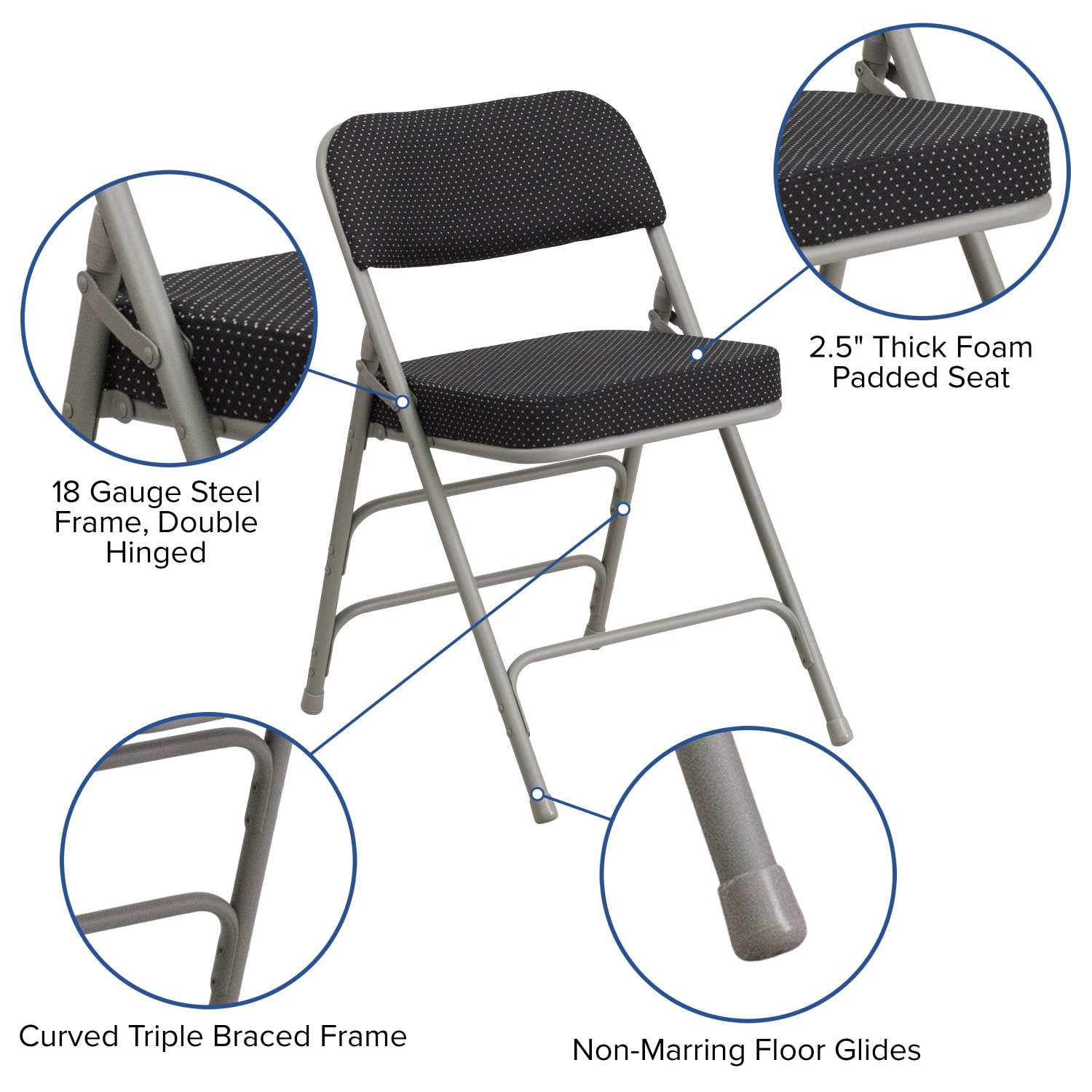 Flash Furniture HERCULES Series Premium Curved Triple Braced & Hinged Fabric Upholstered Metal Folding Chairs, Black, Set Of 2 Chairs - Image 6
