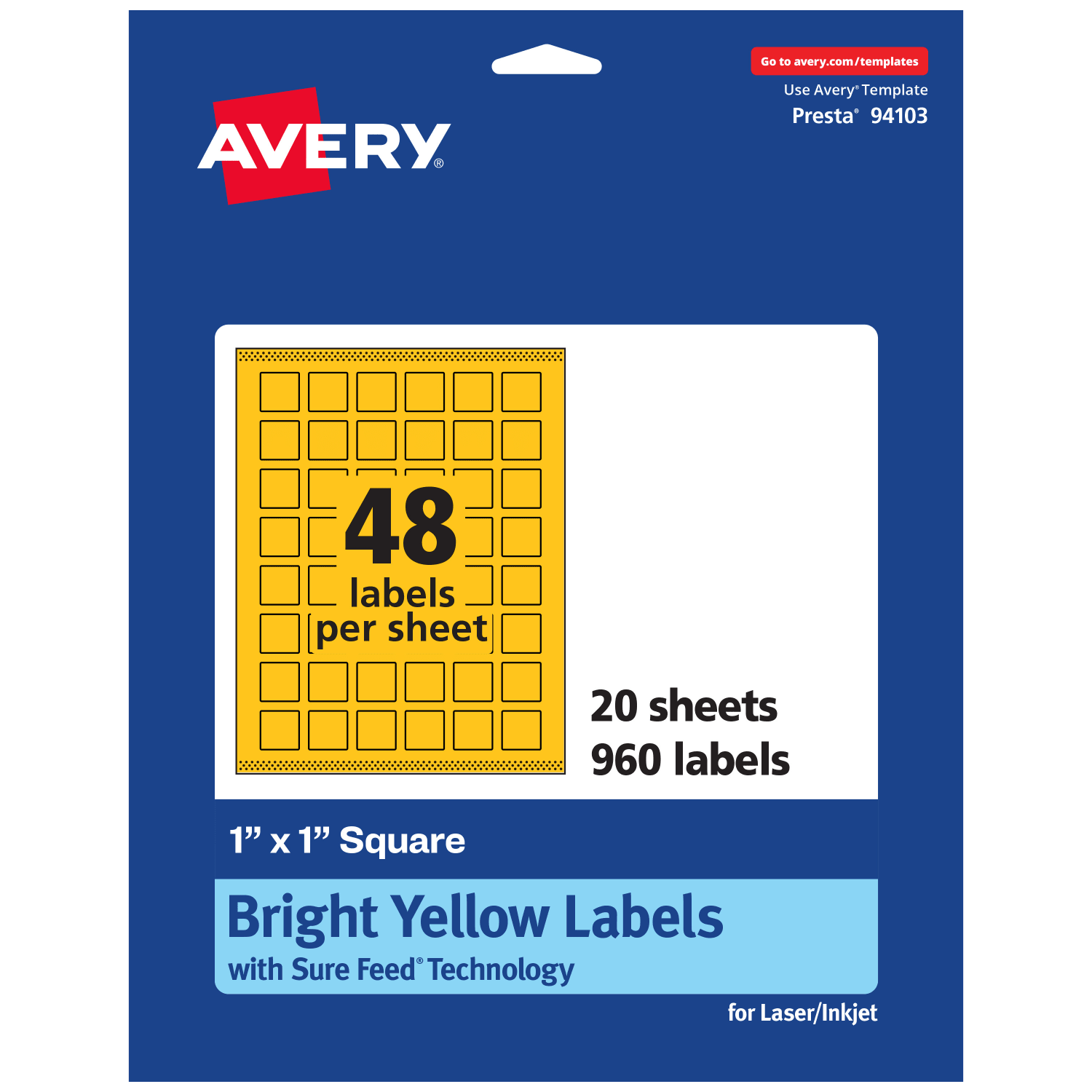 Avery Print-To-The-Edge Labels With Sure Feed Technology And Easy Peel, 94103-BYP20, Square, 1in x 1in, Matte Bright Yellow, Pack of 960