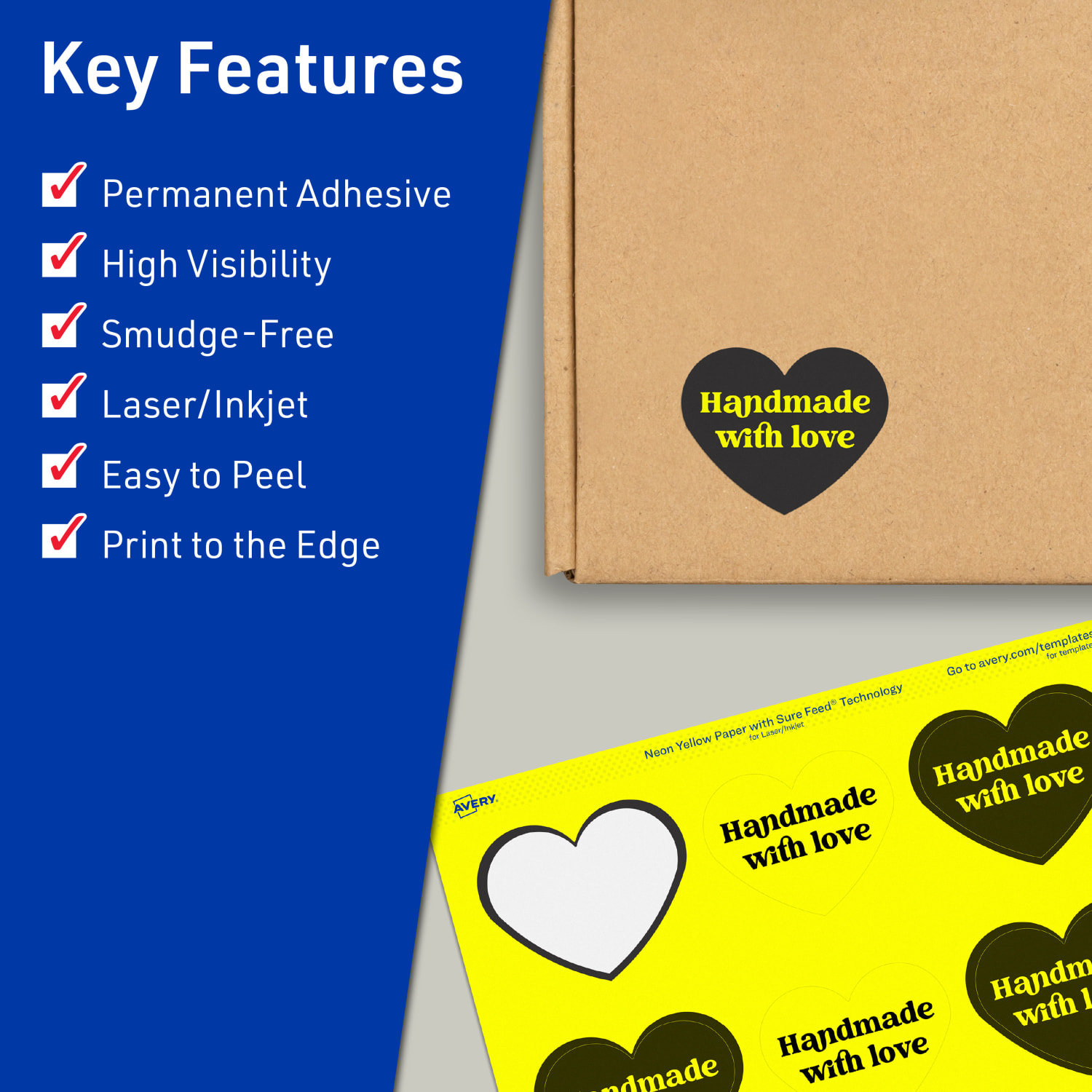 Avery Print-To-The-Edge Labels With Sure Feed Technology, 94603-NYP10, Heart, 2-9/32in x 1-27/32in, Matte Neon Yellow, Pack of 120 - Image 3