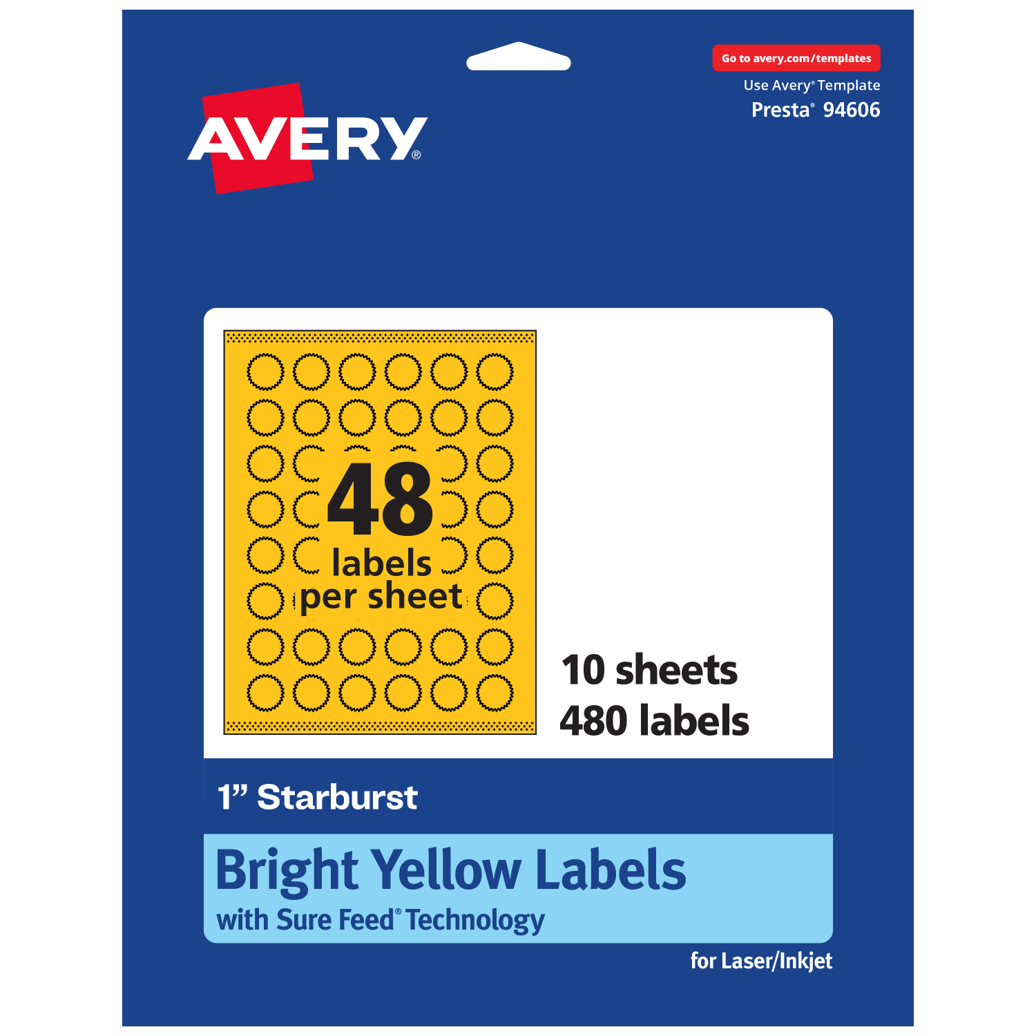 Avery Print-To-The-Edge Labels With Sure Feed Technology, 94606-BYP10, Starburst, 1in, Matte Bright Yellow, Pack of 480