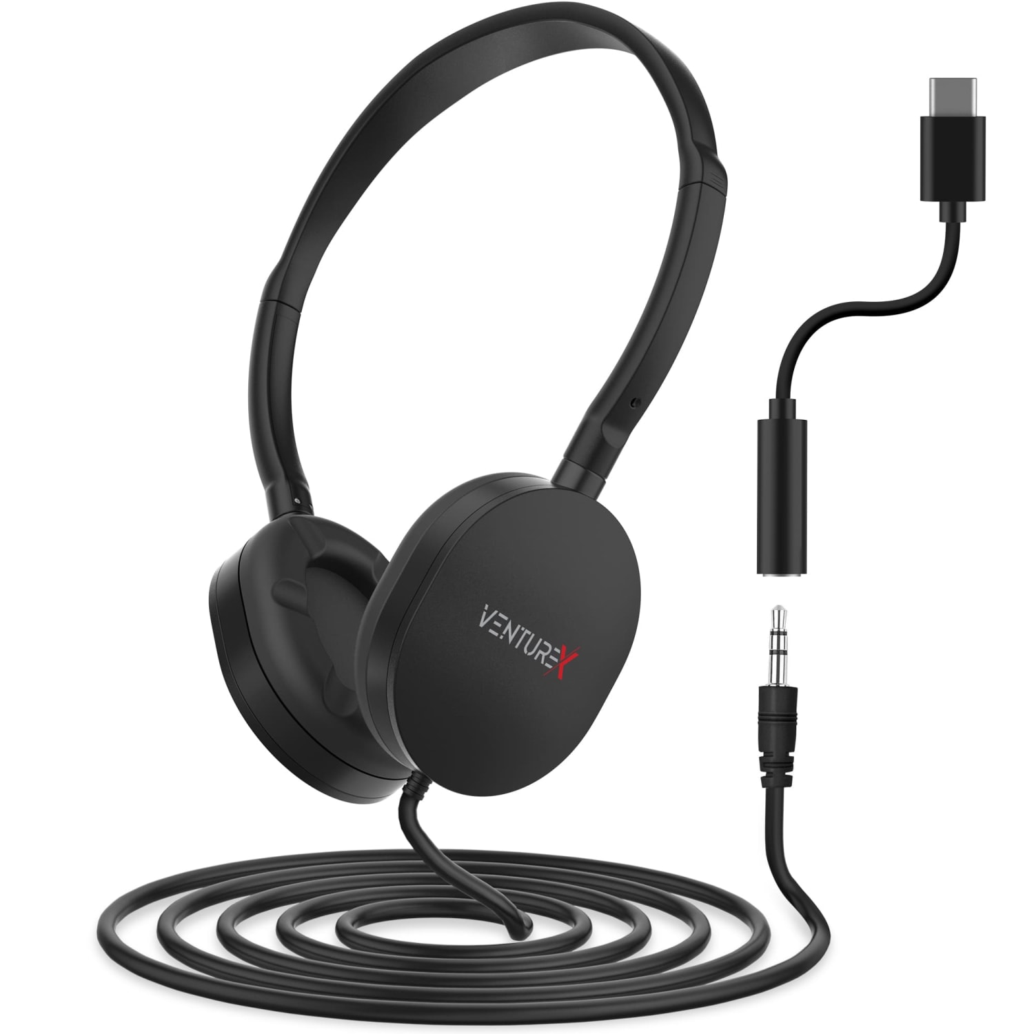 VentureX K22 Wired Kids Headset, 3.5mm/USB-C/Stereo, Black, Total Qty 1