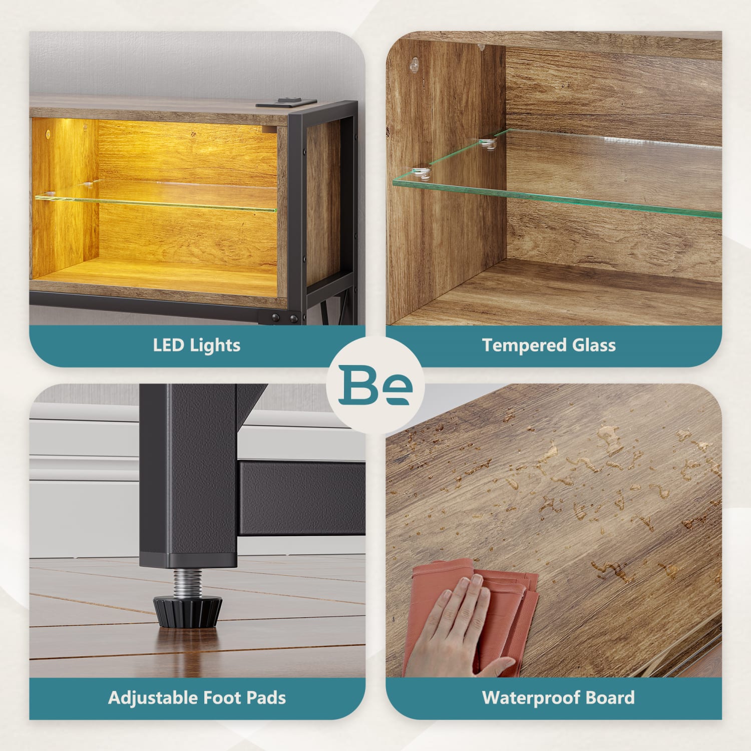 Bestier Industrial Rectangular Console Table With LED Lights, Outlet & Temper Glass Shelf, 29-13/16inH x 39-3/8inW x 11-13/16inD, Rustic Oak - Image 4