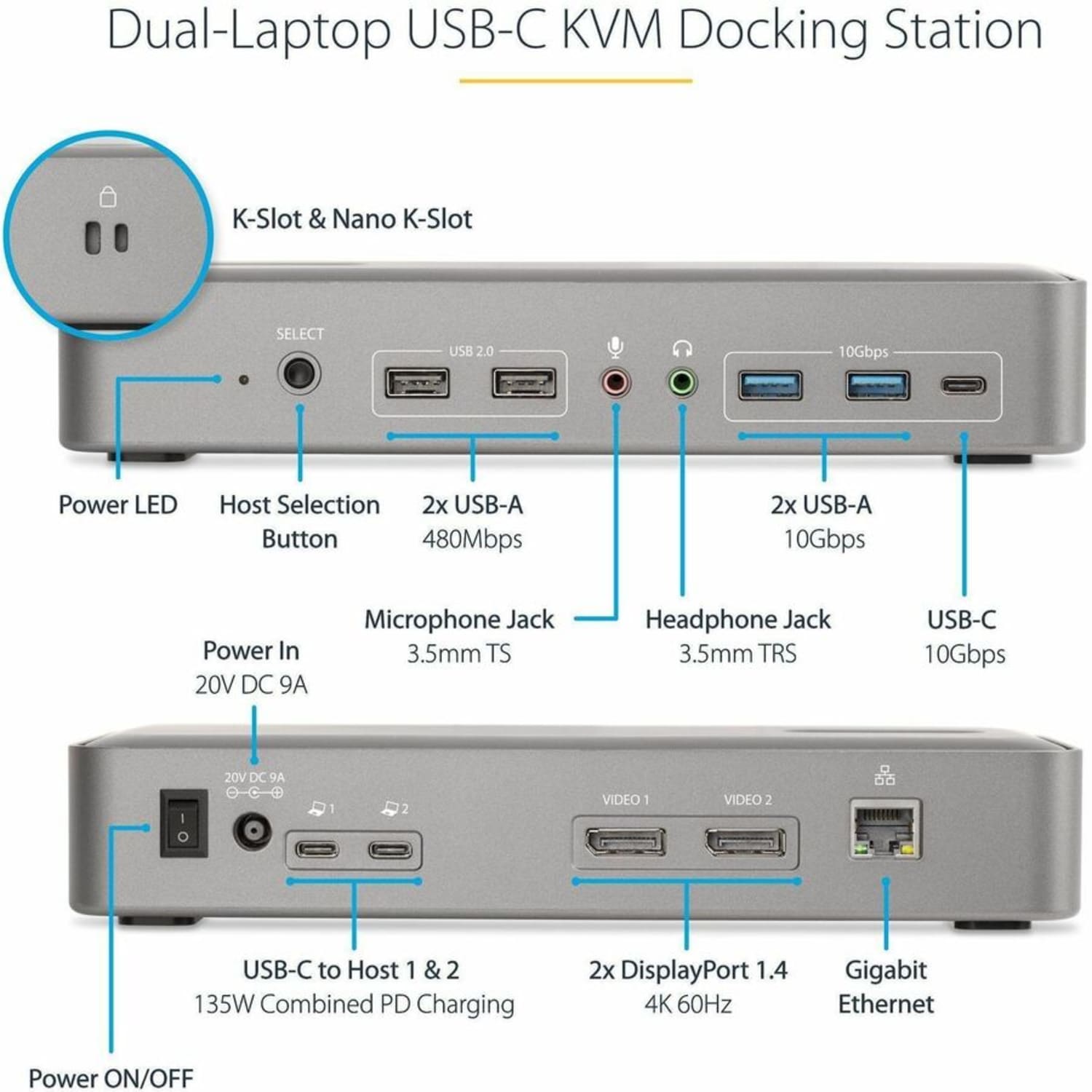 StarTech.com Dual-Laptop USB-C KVM Docking Station, Dual Monitor 4K 60Hz DisplayPort KVM Dock, 5x USB Hub, GbE, 90W/45W PD, Windows/Mac - Image 4