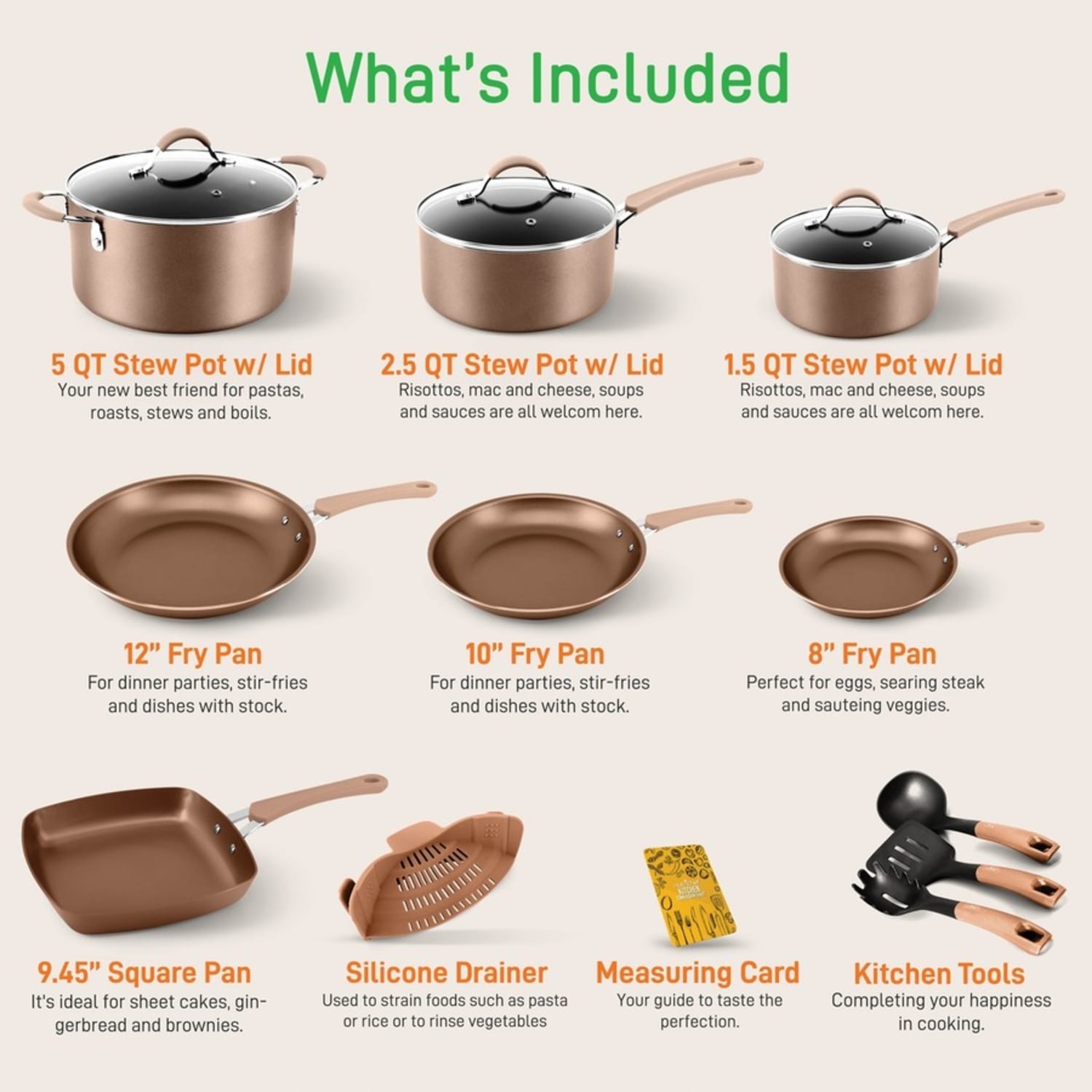 NutriChef Diamond Home Kitchen Cookware Set (Blue) - 14 Pieces - Cooking, Frying, Sauce - 8in Frying Pan - 10in 2nd Frying Pan - 12in 3rd Frying Pan - 1.25 gal Dutch Oven Griddle - Gold - Aluminum, Metal, Nylon, Silicone, Ceramic Body - Image 3