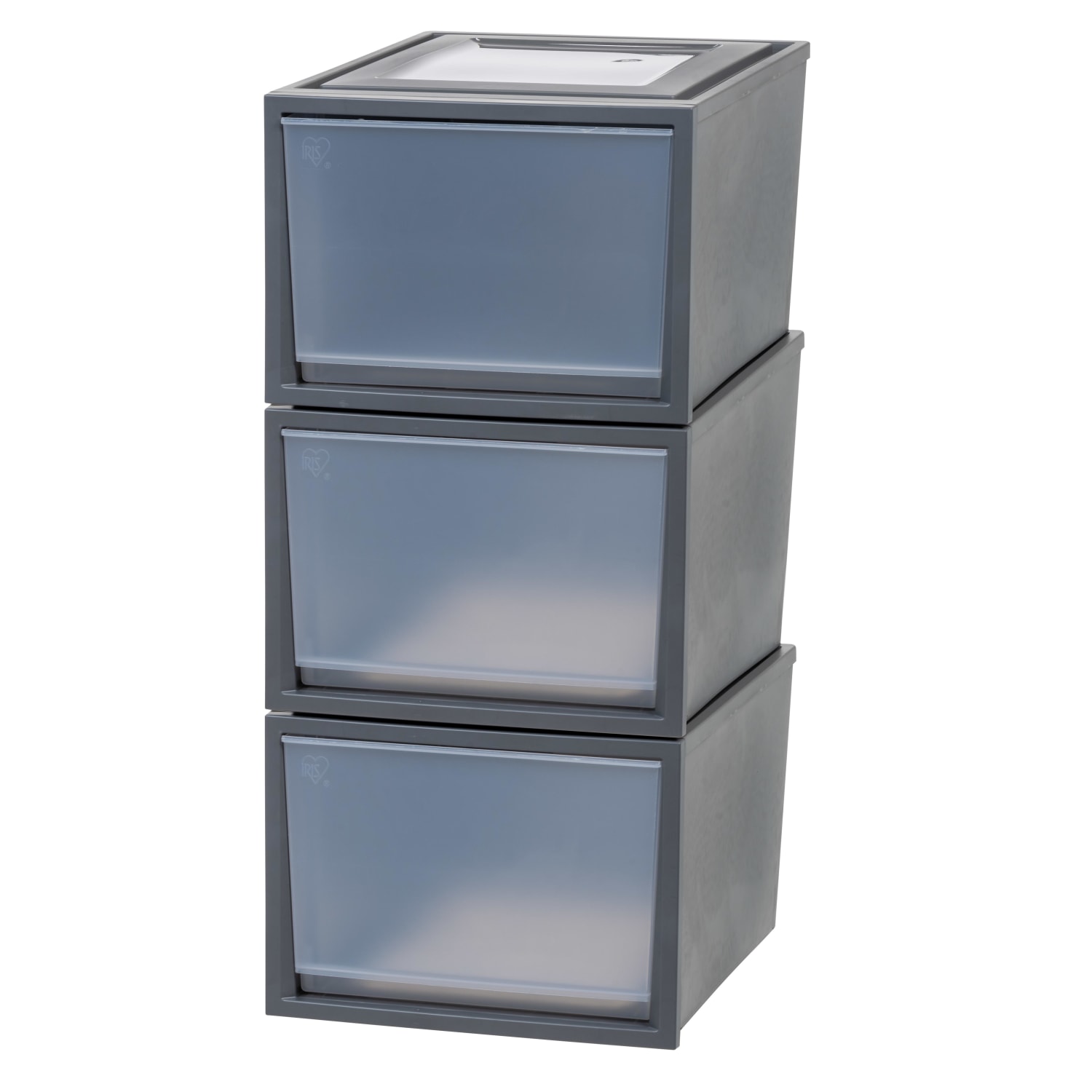 Iris Stackable Storage Bins With Drawers, 14-3/16in x 16-1/8in, Gray, Set Of 3 Bins