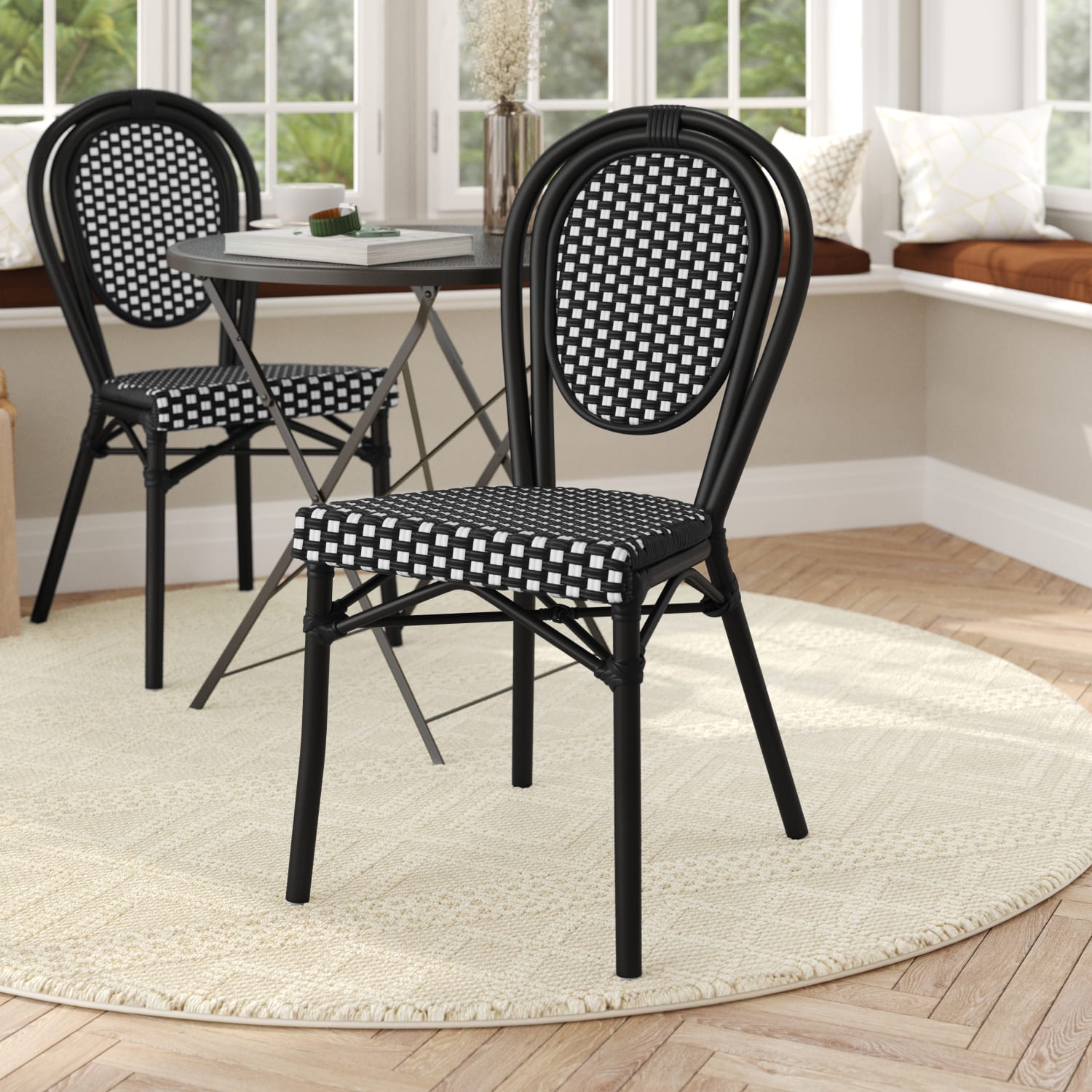 Flash Furniture Lourdes Indoor/Outdoor Commercial Thonet Bistro Stacking Chair, PE Rattan and Aluminum Frame, Black & White/Black Frame - Image 3