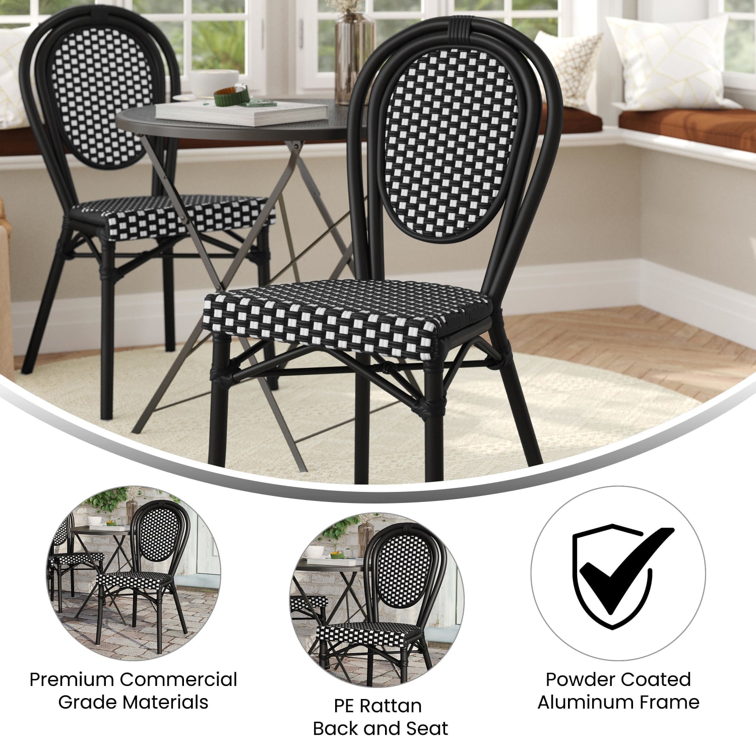 Flash Furniture Lourdes Indoor/Outdoor Commercial Thonet Bistro Stacking Chair, PE Rattan and Aluminum Frame, Black & White/Black Frame - Image 4