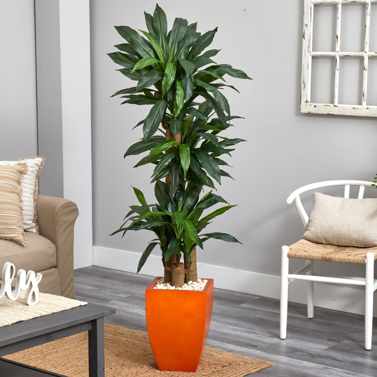 Nearly Natural Dracaena 66inH Artificial Real Touch Plant With Square Planter, 66inH x 25inW x 25inD, Green/Orange - Image 3