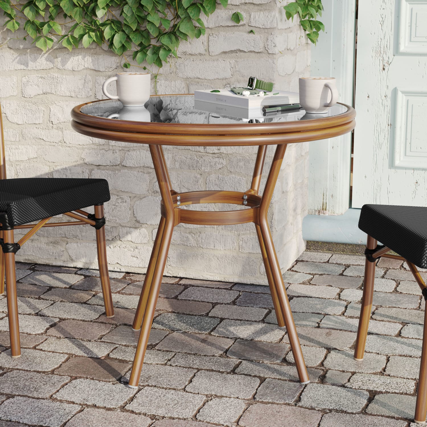 Flash Furniture Marseille Indoor/Outdoor Commercial Bistro 31.5in Table, Textilene, Glass Top, Bamboo Print Aluminum Frame, Black Textilene/Natural Frame - Image 3
