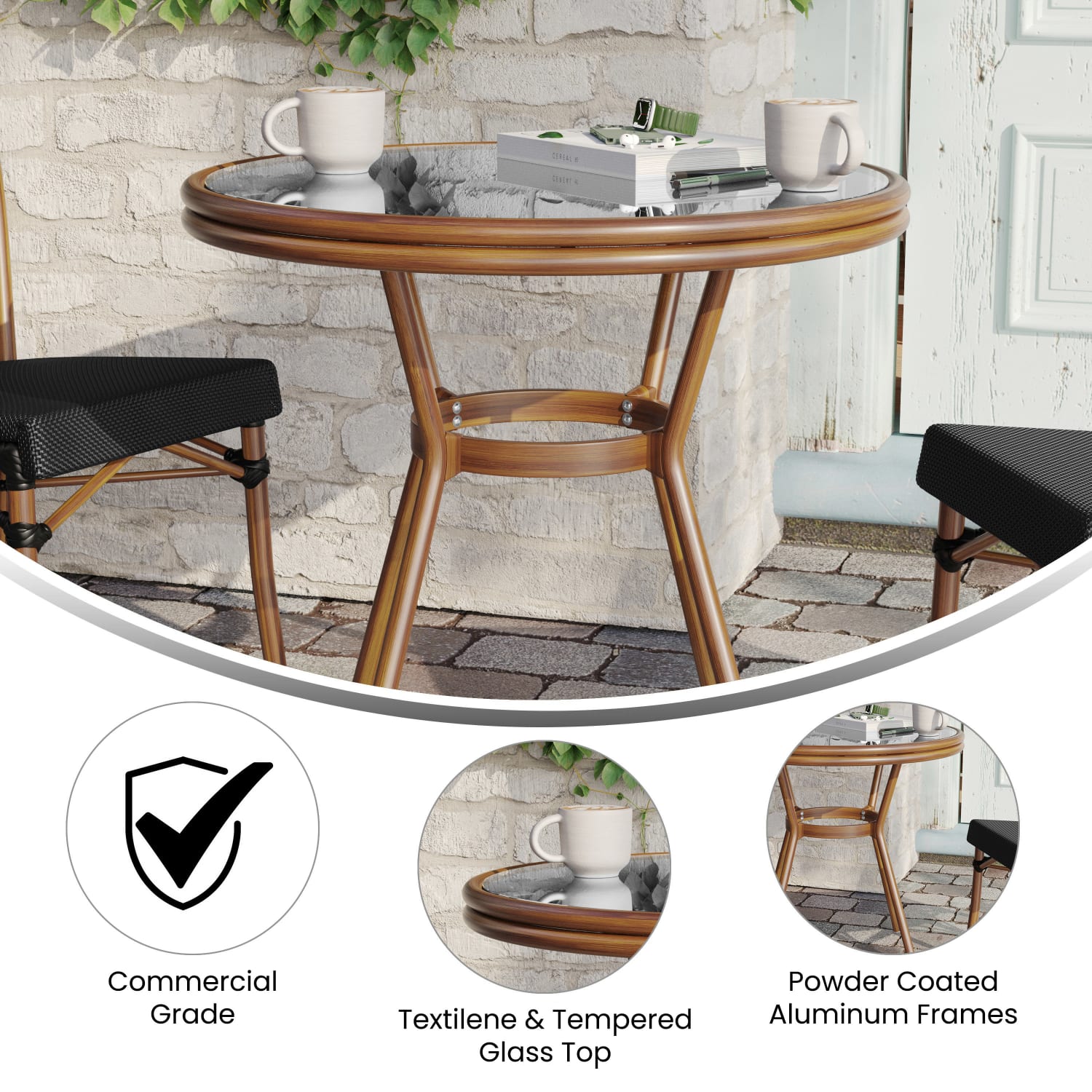 Flash Furniture Marseille Indoor/Outdoor Commercial Bistro 31.5in Table, Textilene, Glass Top, Bamboo Print Aluminum Frame, Black Textilene/Natural Frame - Image 4