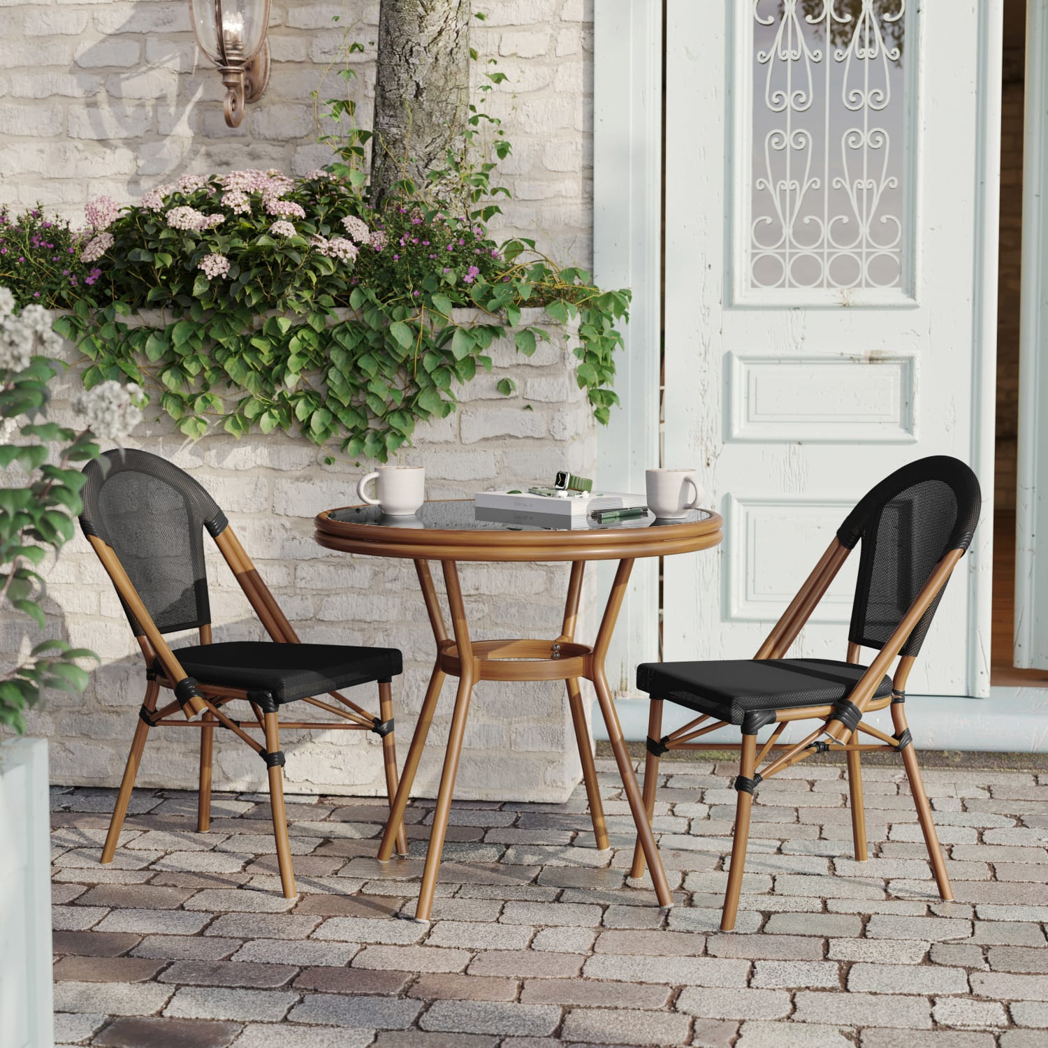 Flash Furniture Marseille Indoor/Outdoor Commercial Bistro 31.5in Table, Textilene, Glass Top, Bamboo Print Aluminum Frame, Black Textilene/Natural Frame - Image 5