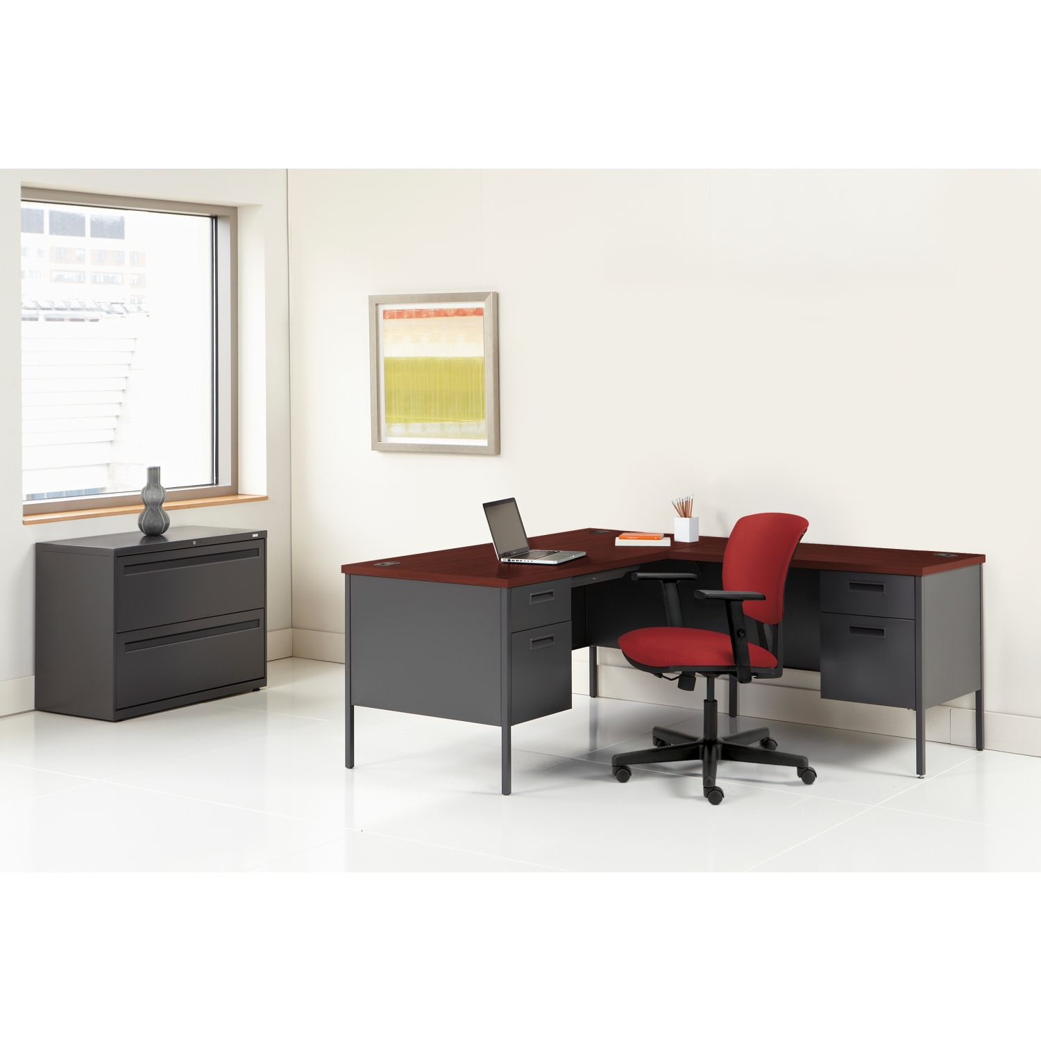 HON Metro Classic 48inW Single-Pedestal Computer Desk, Mahogany/Charcoal - Image 3