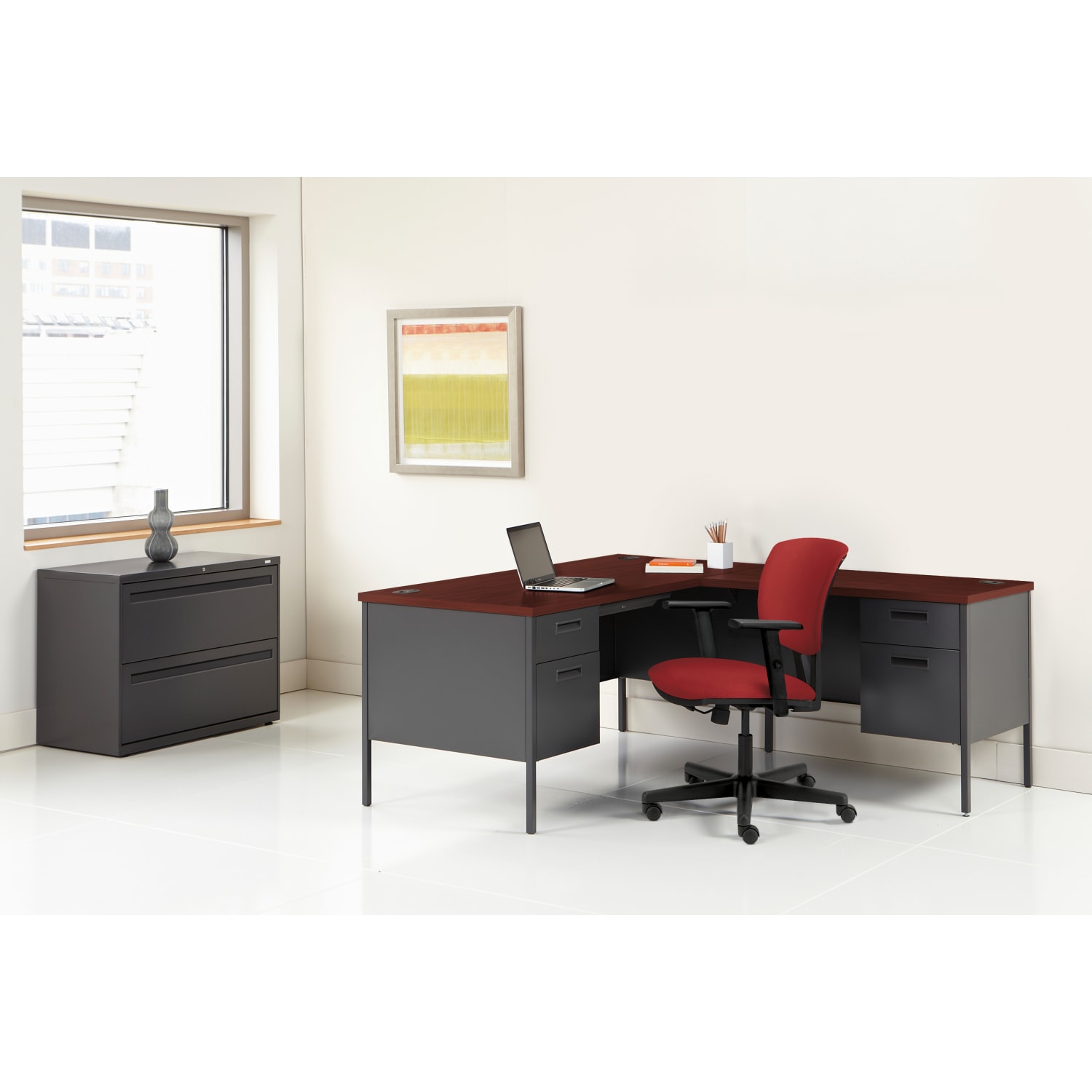 HON Metro Classic 48inW Single-Pedestal Computer Desk, Mahogany/Charcoal - Image 4